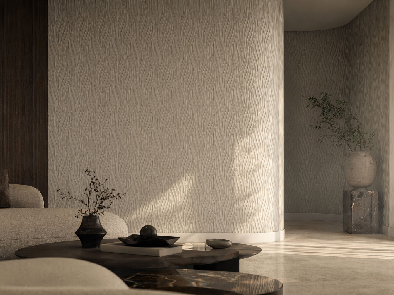 Living room wallpaper with a soft beige wave-textured design across a curved feature wall - Beautiful Homes