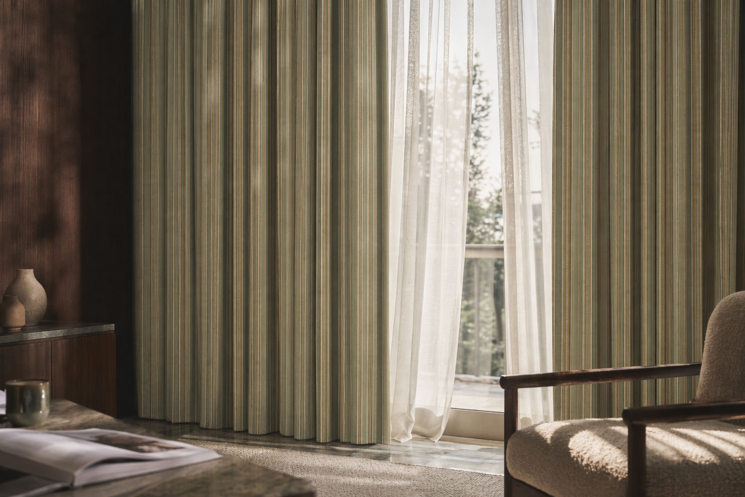 Floor-to-ceiling curtain furnishing with sage green and beige striped drapes paired with white sheer inner curtains - Beautiful Homes