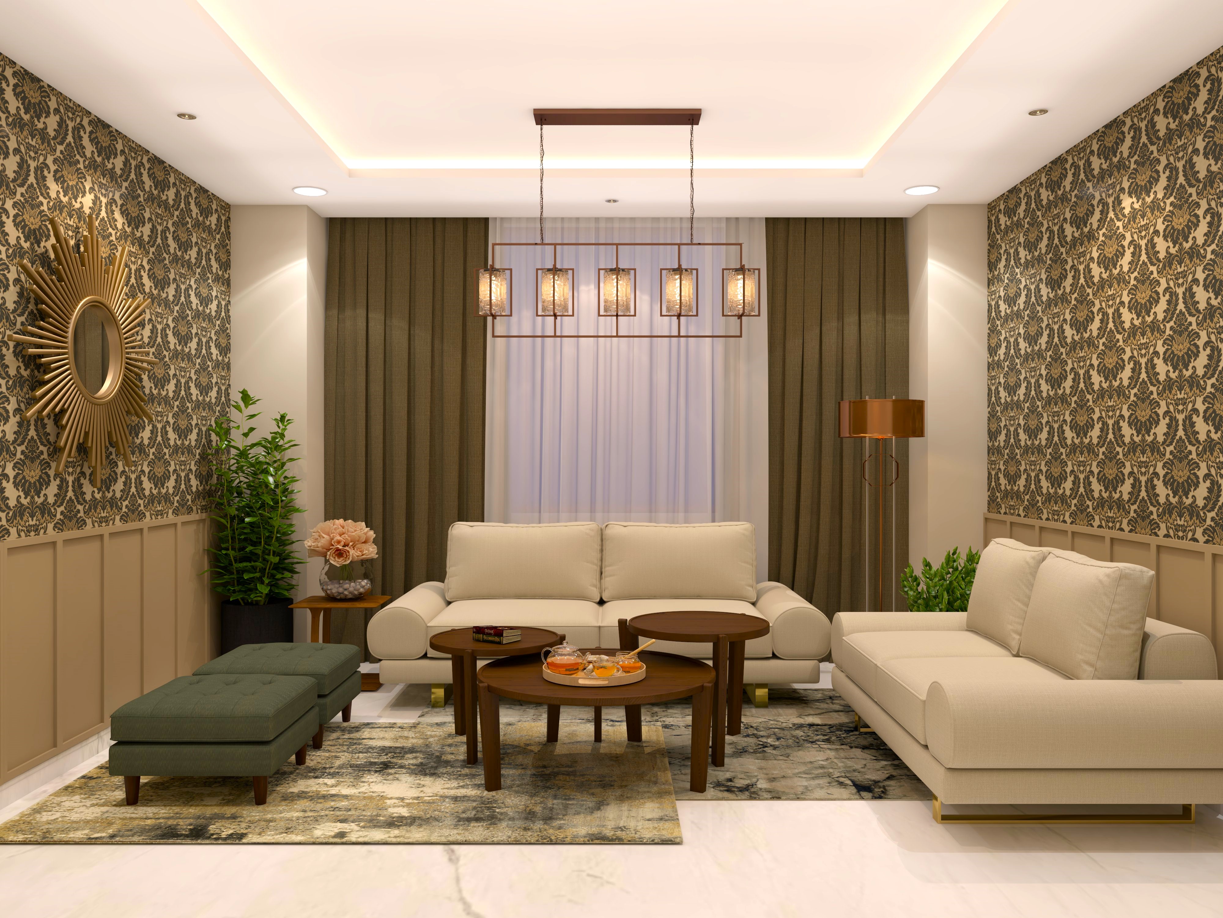 Cream and brown living room with traditional wallpaper having gold accents-Beautiful Homes