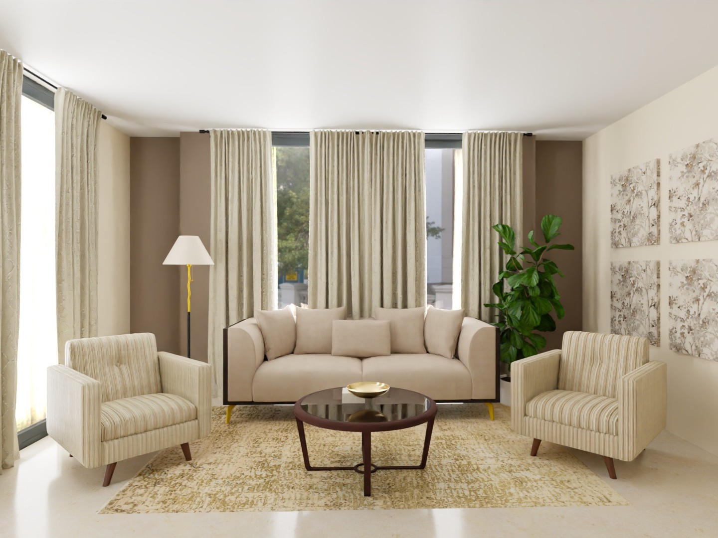 Beige seating with décor in modern living space - Beautiful Homes