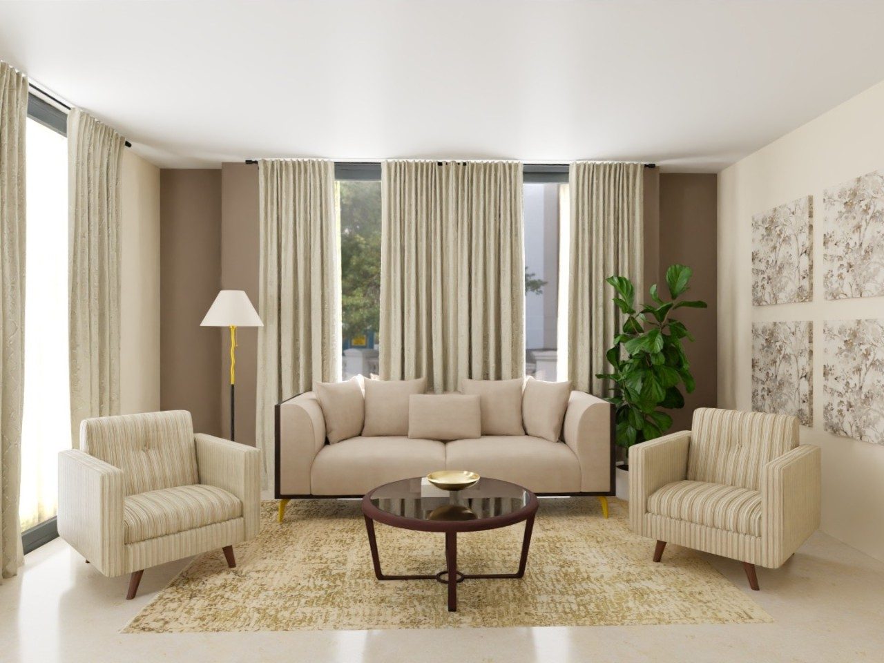 Beige seating with décor in modern living space - Beautiful Homes