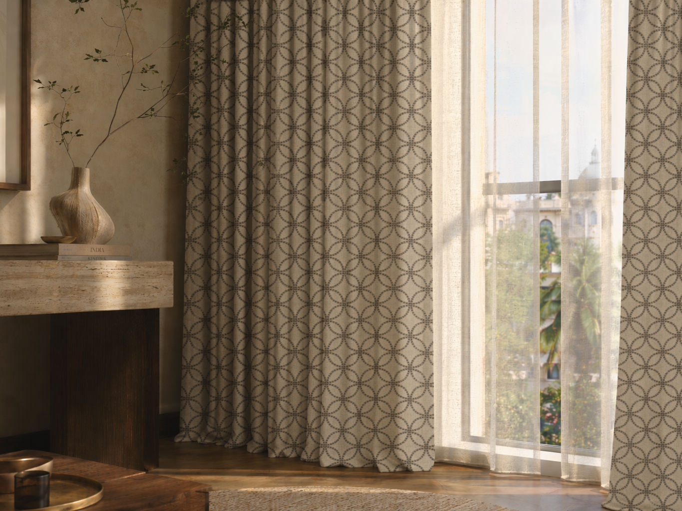 Floor-length beige linen curtains with a dark charcoal geometric pattern, softly pleated and layered with sheer white panels - Beautiful Homes