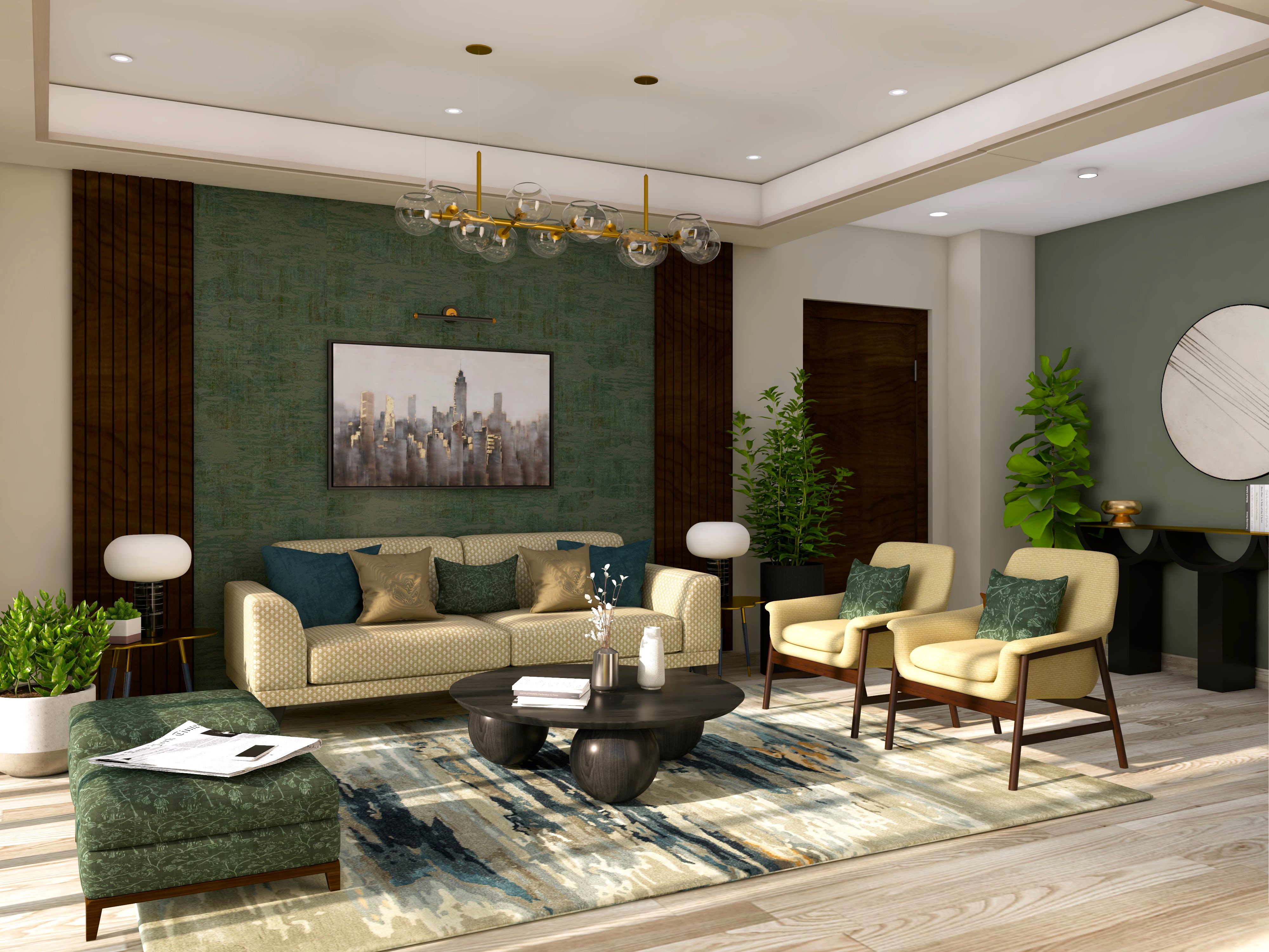 Dark green and gold theme living room with U shape layout - Beautiful Homes
