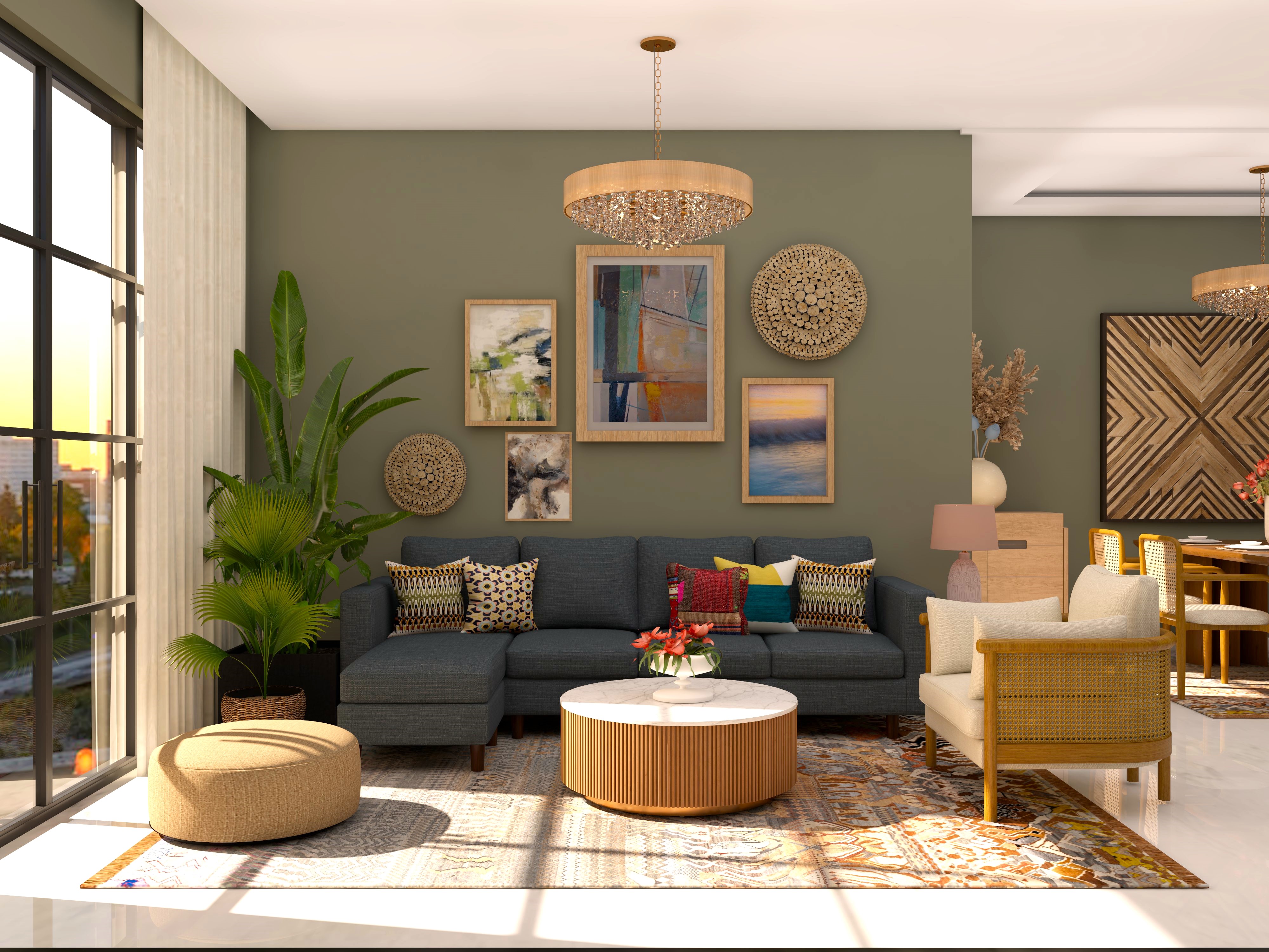 Dark grey sofa with green accent wall and paintings-Beautiful Homes