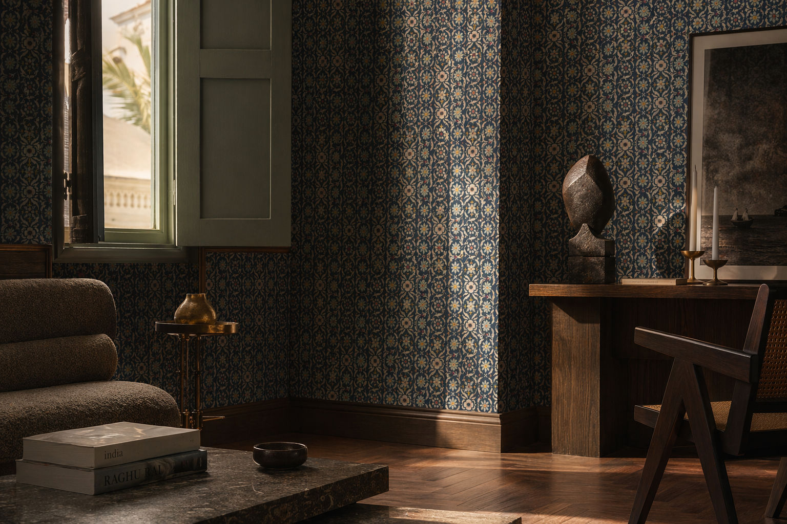 Dark navy wallpaper with an intricate floral pattern in cream, blue, and gold tones - Beautiful Homes