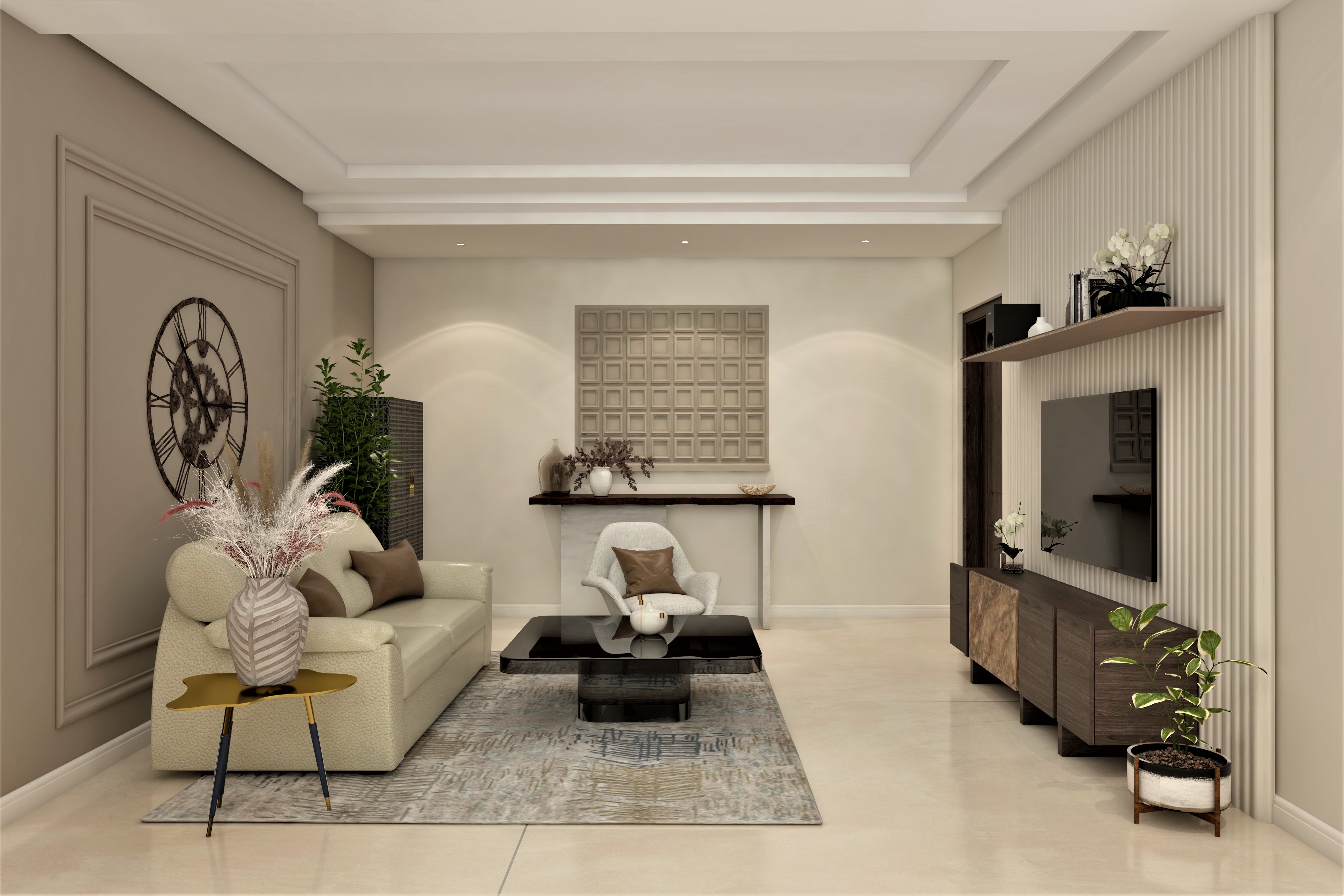 Living room with white sofa and false ceiling-Beautiful Homes