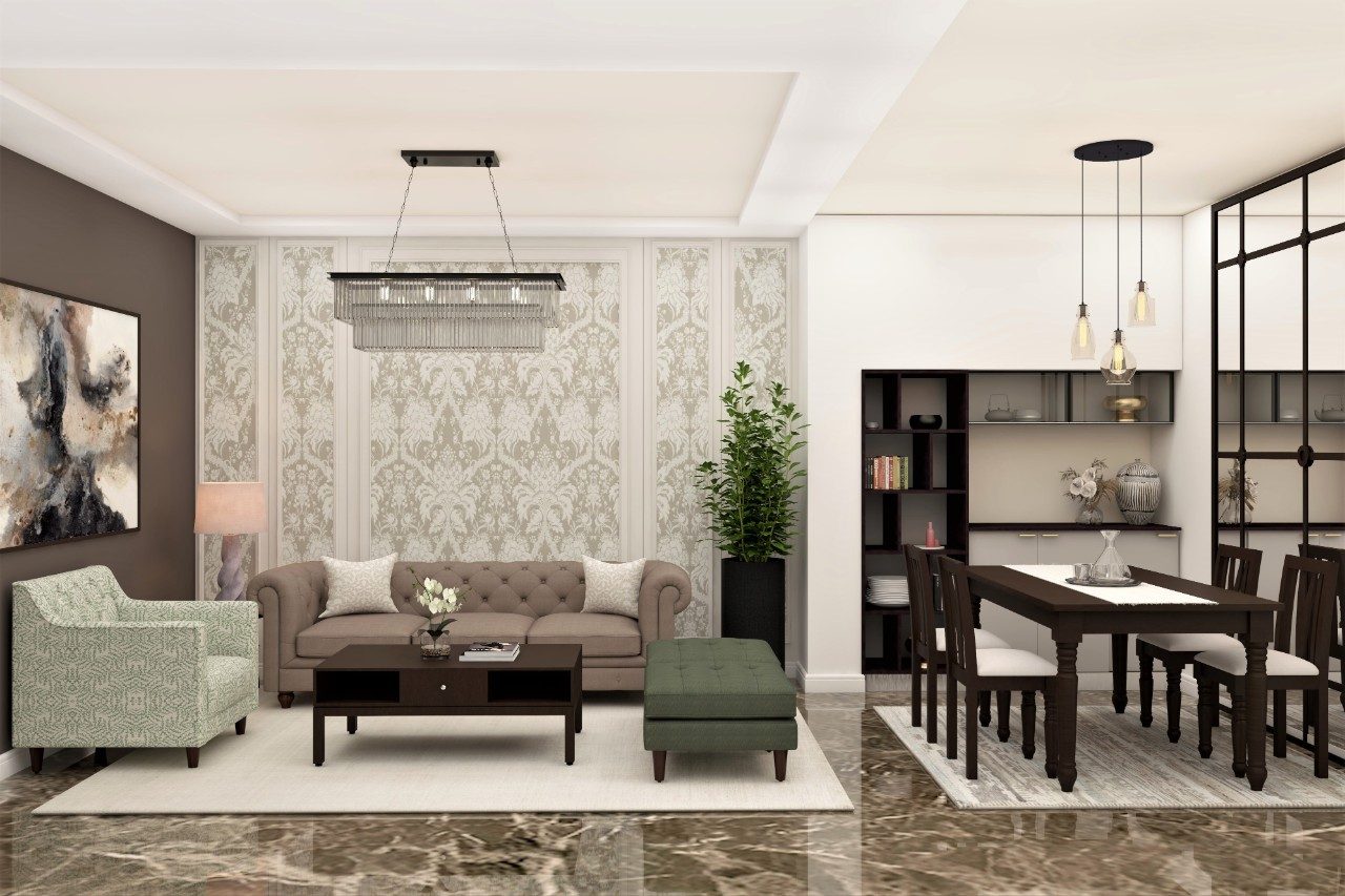 Living room with wooden dining table and marble flooring-Beautiful Homes