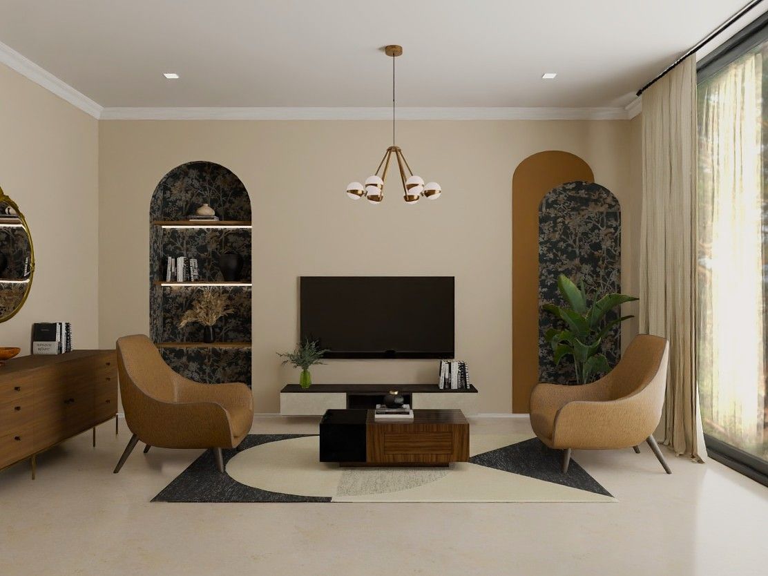 Modern living room featuring arched niches, mustard armchairs, and geometric décor - Beautiful Homes