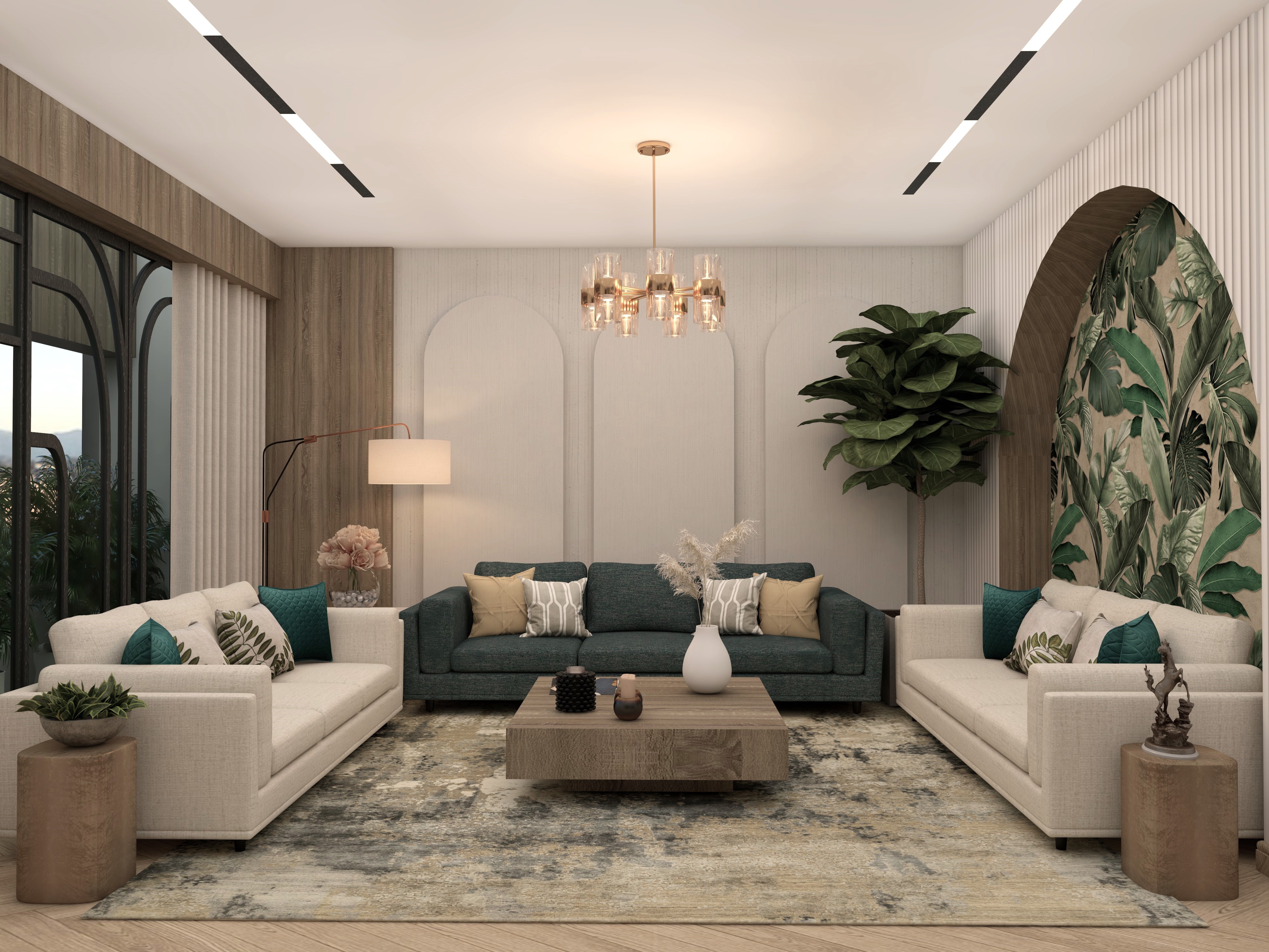 Living room with neutral sofas and indoor plants - Beautiful Homes