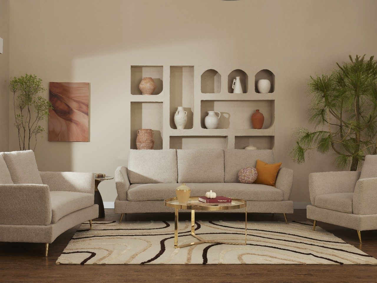Eclectic living room with built-in wall niches - Beautiful Homes