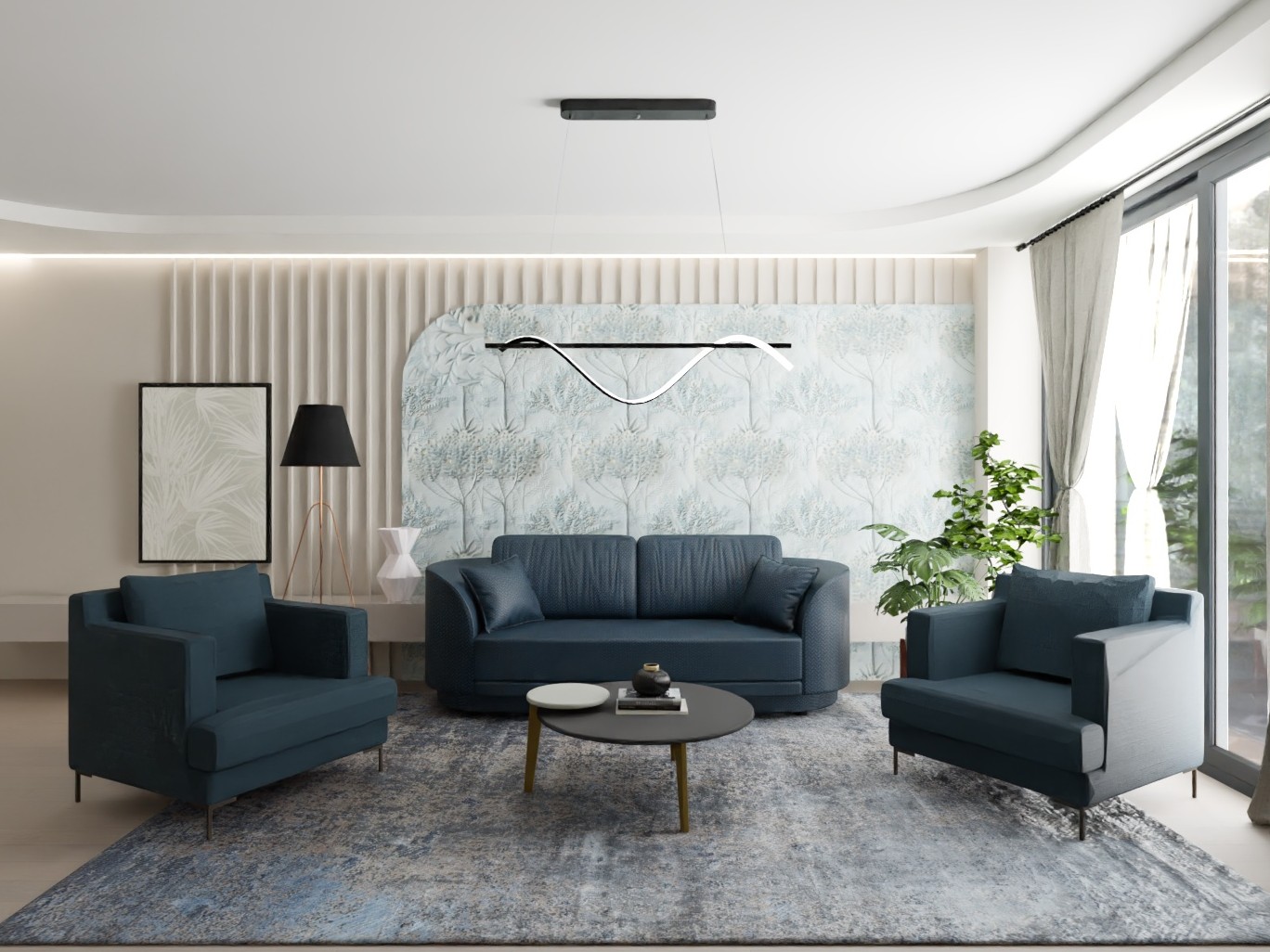 Modern living room with blue sofa and grey carpet - Beautiful Homes