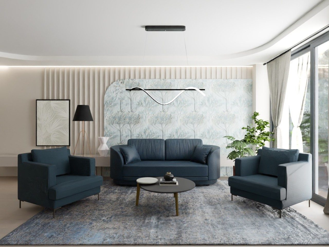 Modern living room with blue sofa and grey carpet - Beautiful Homes