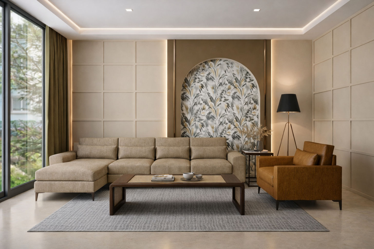 Modern living room featuring an arched niche, botanical wallpaper, and layered lighting - Beautiful Homes