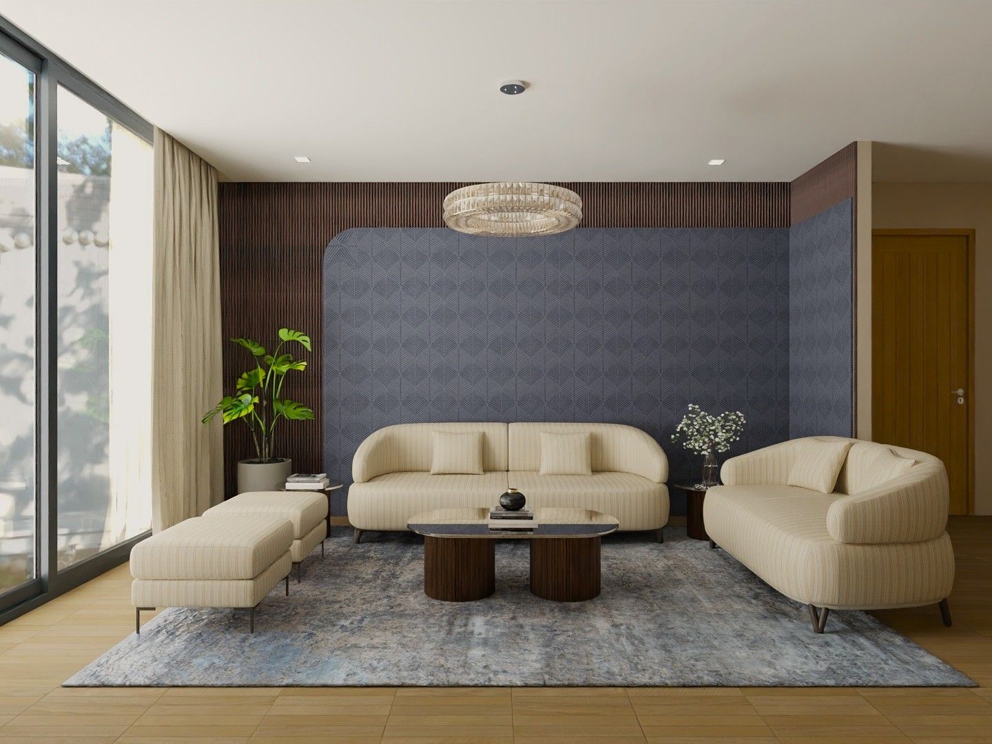 Elegant living room featuring curved sofas, a patterned rug, and natural light - Beautiful Homes
