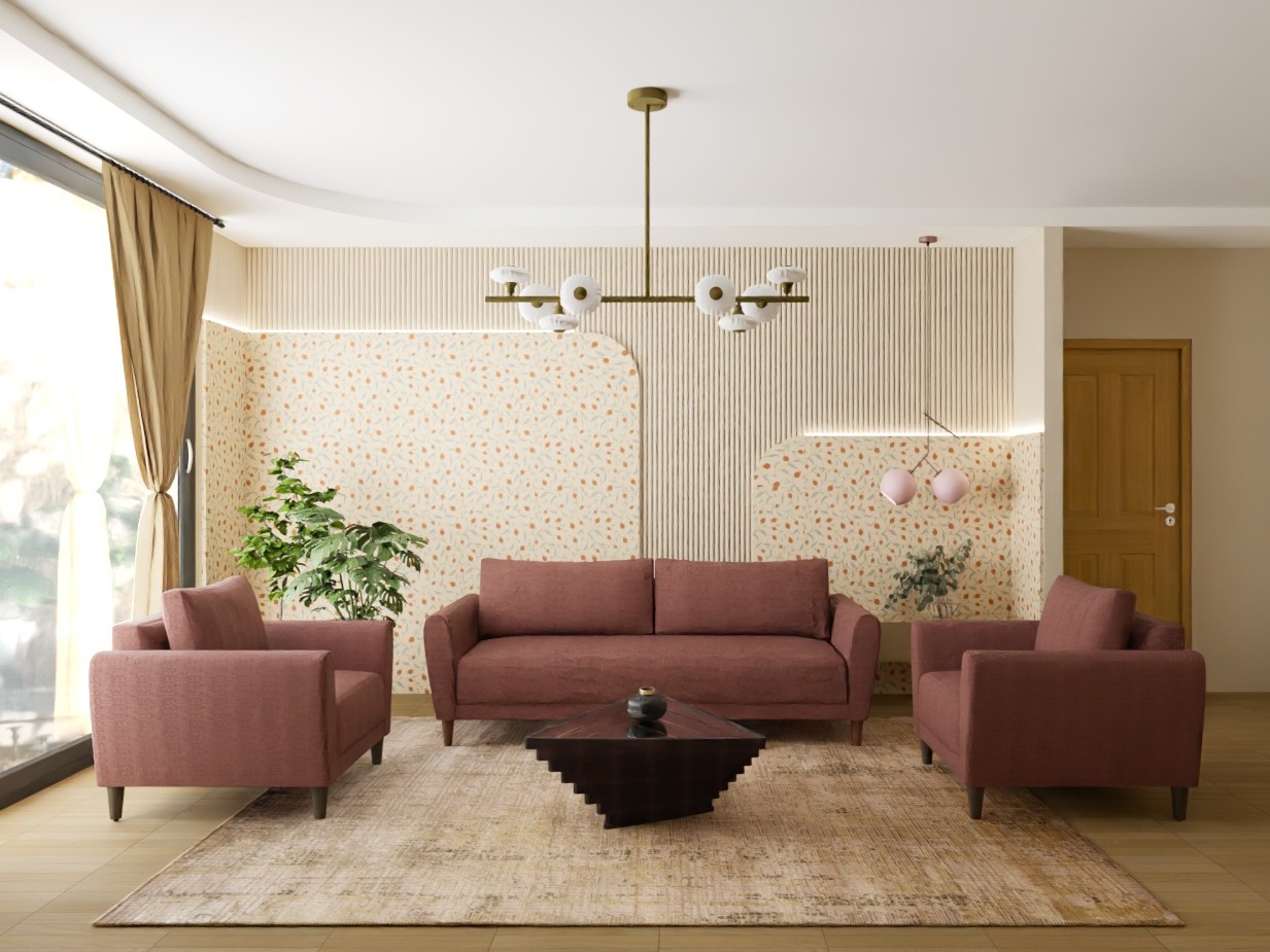 Living room with pink sofa and patterned wall - Beautiful Homes