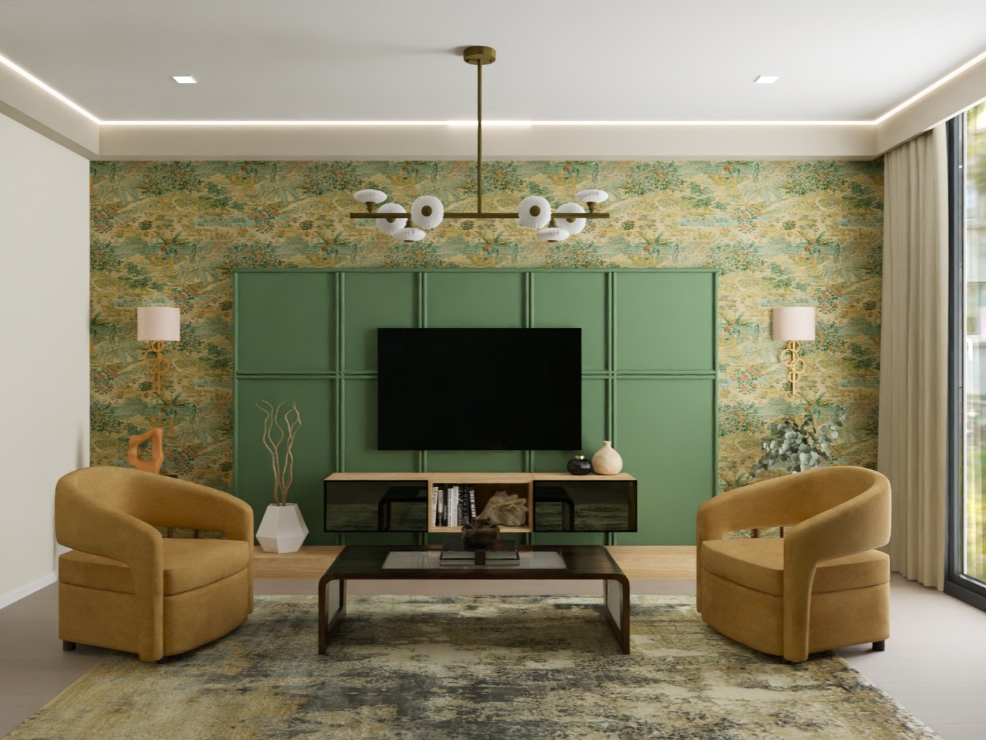 Living room with green wall and beige chairs - Beautiful Homes