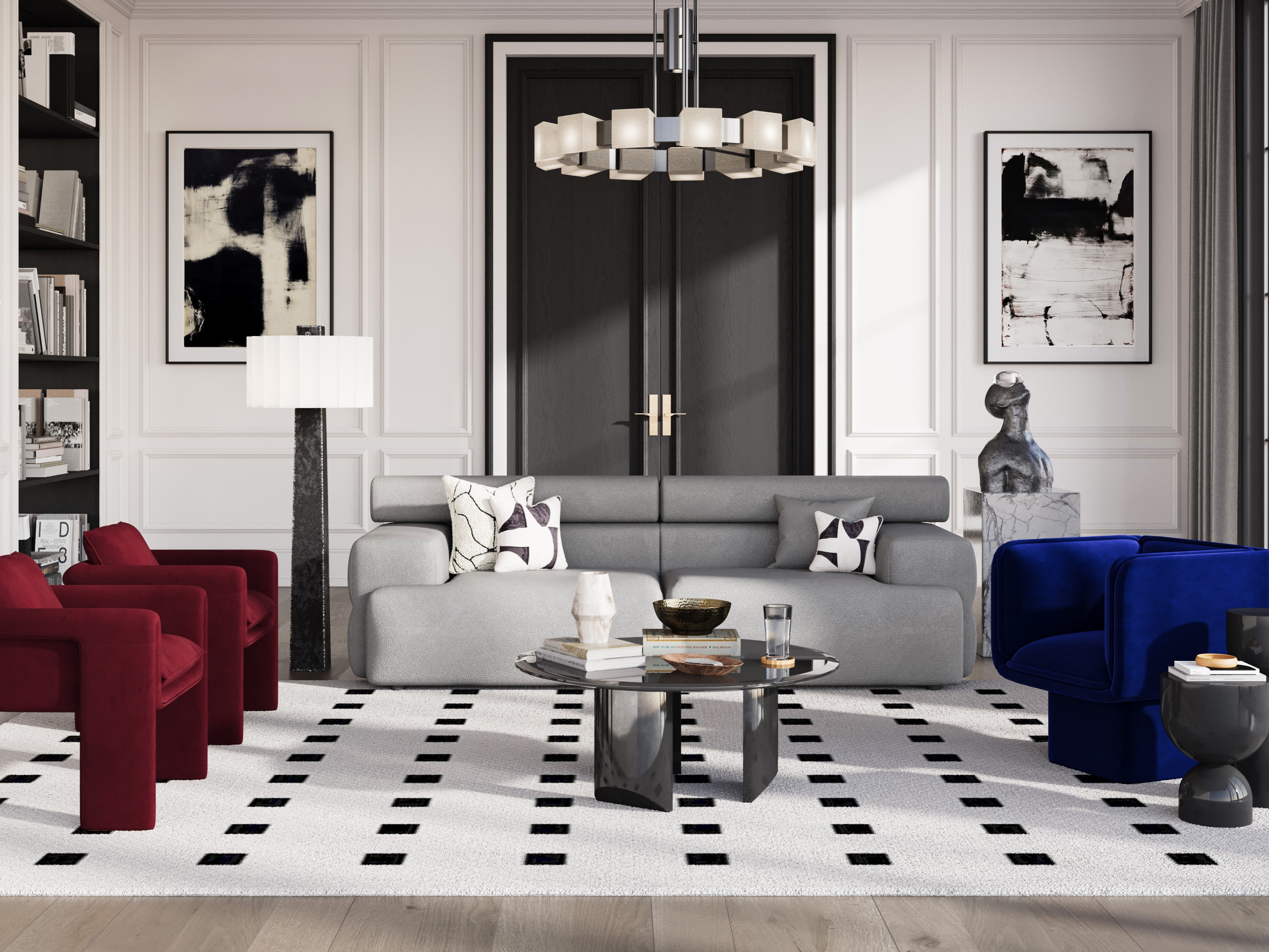 Contemporary living room with grey sofa and vibrant accents - Beautiful Homes