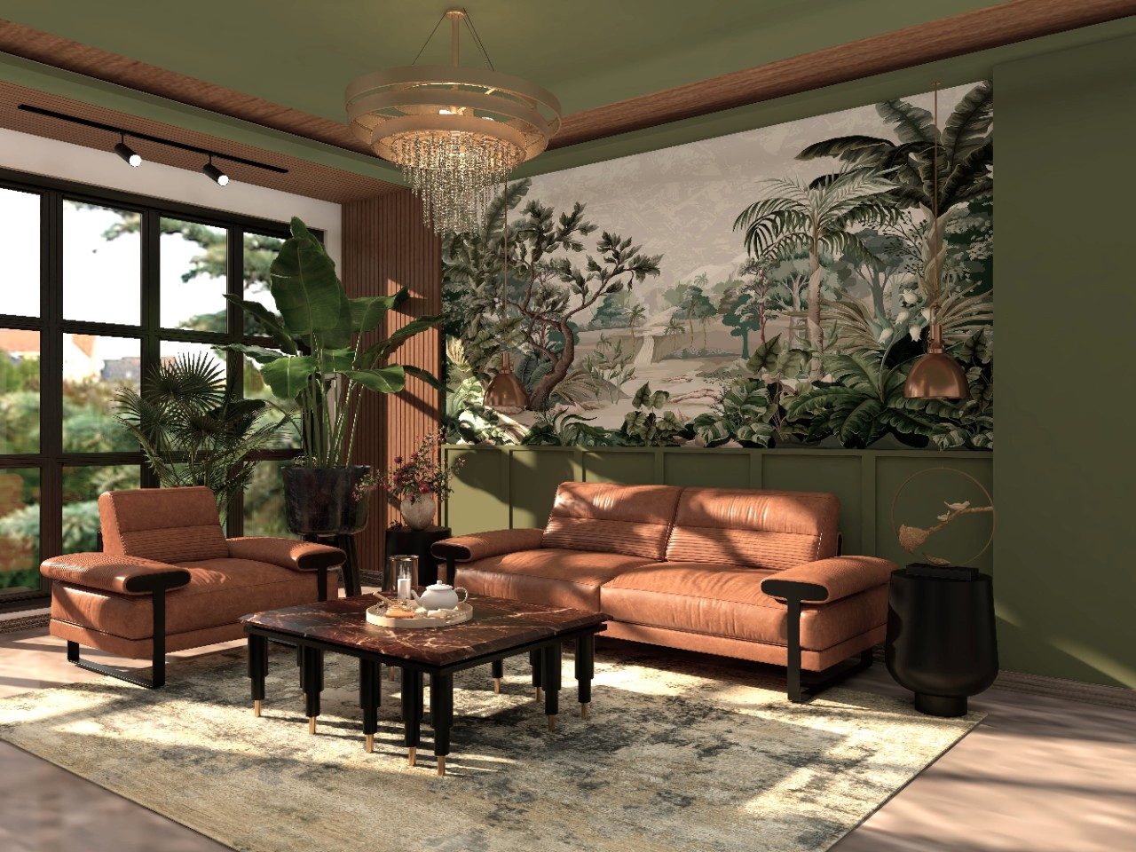 Living room with brown sofa and green walls - Beautiful Homes