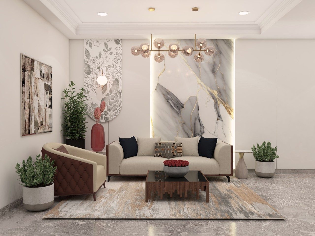 Living room with marble wall and beige sofa - Beautiful Homes