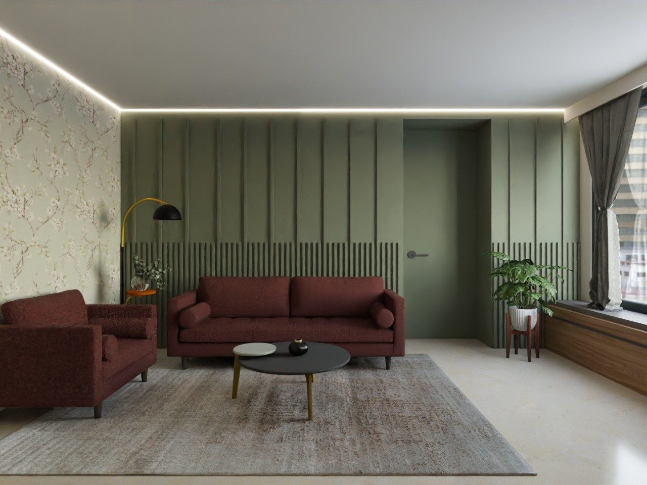 Living room with maroon sofa and green wall - Beautiful Homes