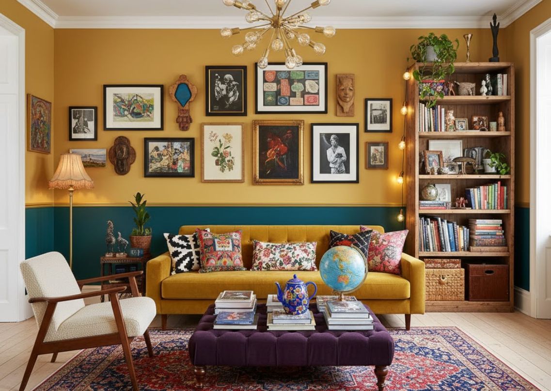 colourful living room with yellow sofa and décor - Beautiful Homes