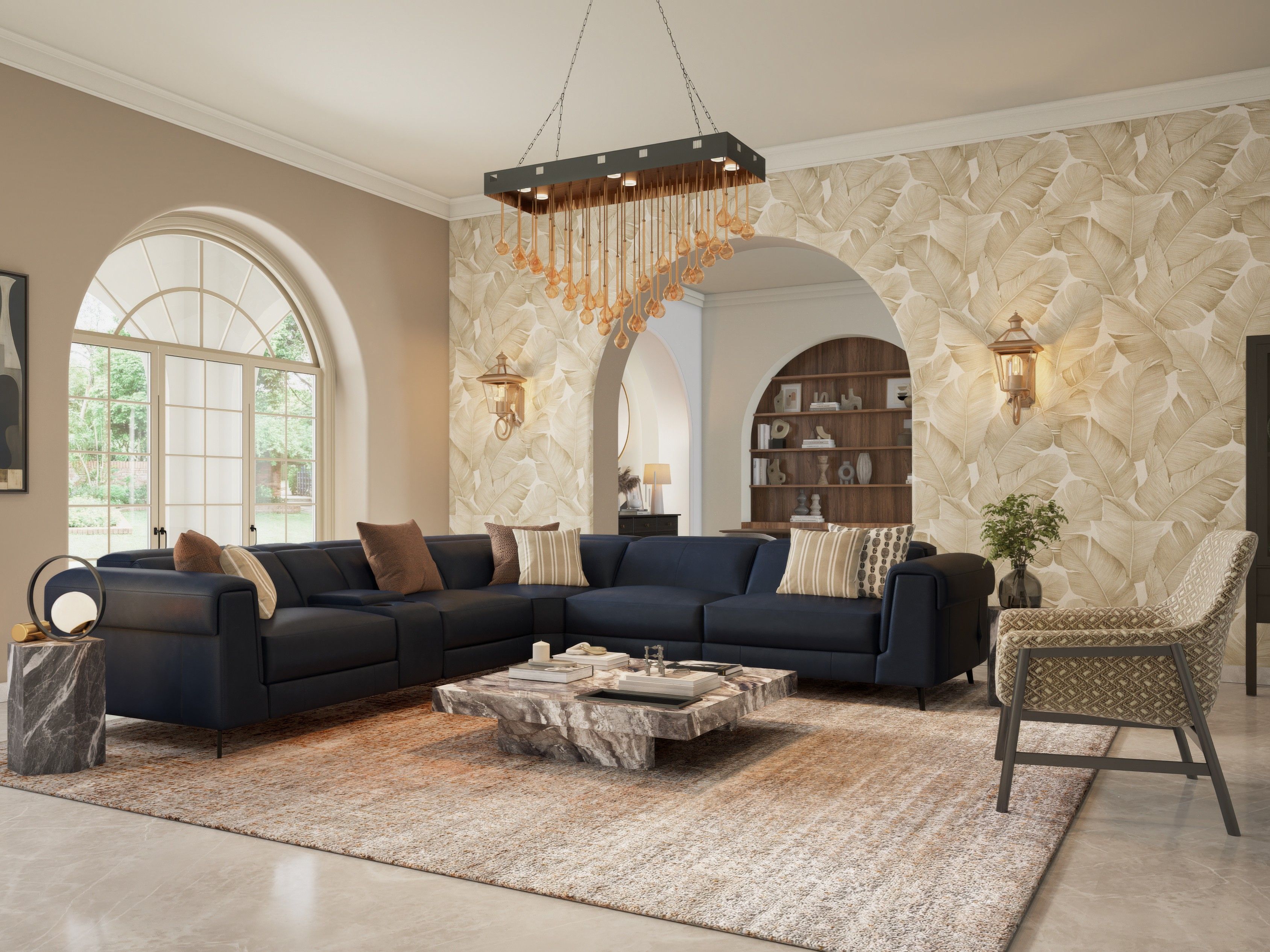 Luxurious living room featuring an arched window, dark blue sofa, and tropical wallpaper - Beautiful Homes