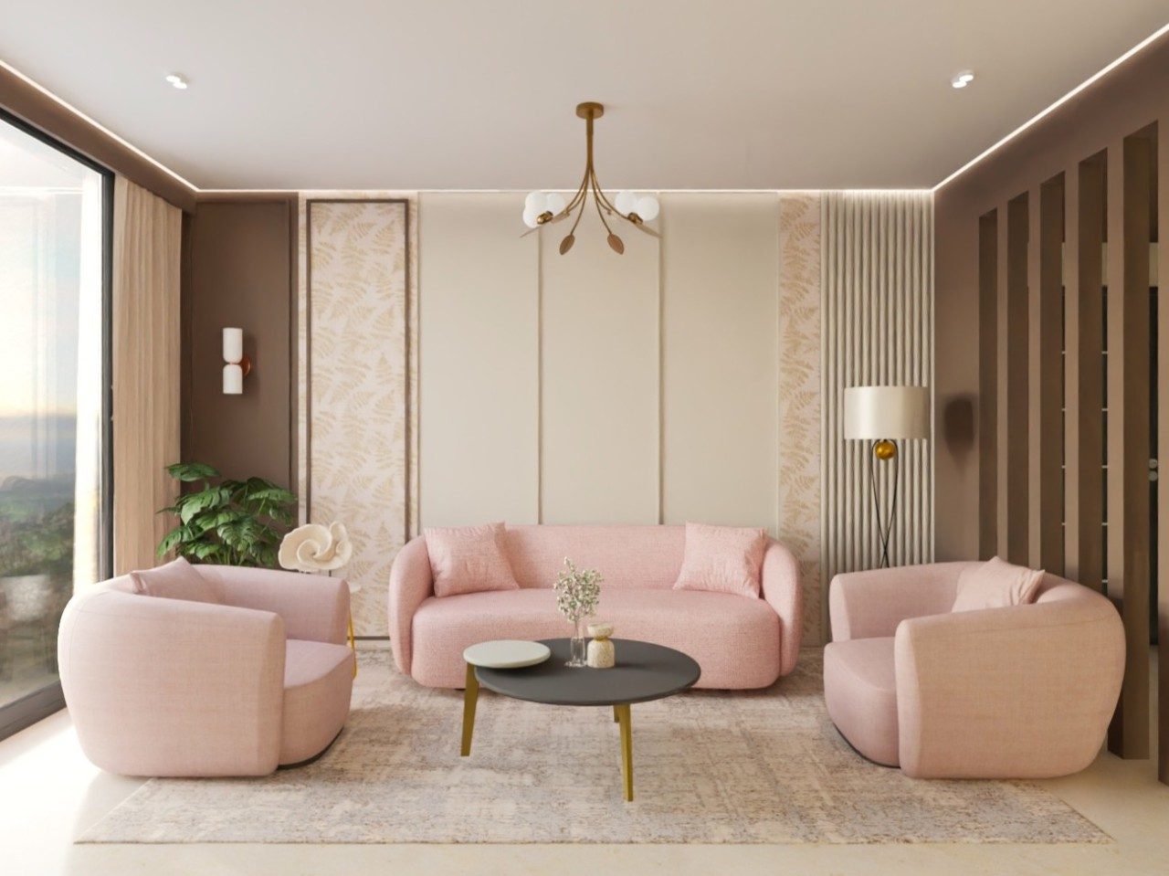 Pink sofa and chairs with a round coffee table - Beautiful Homes