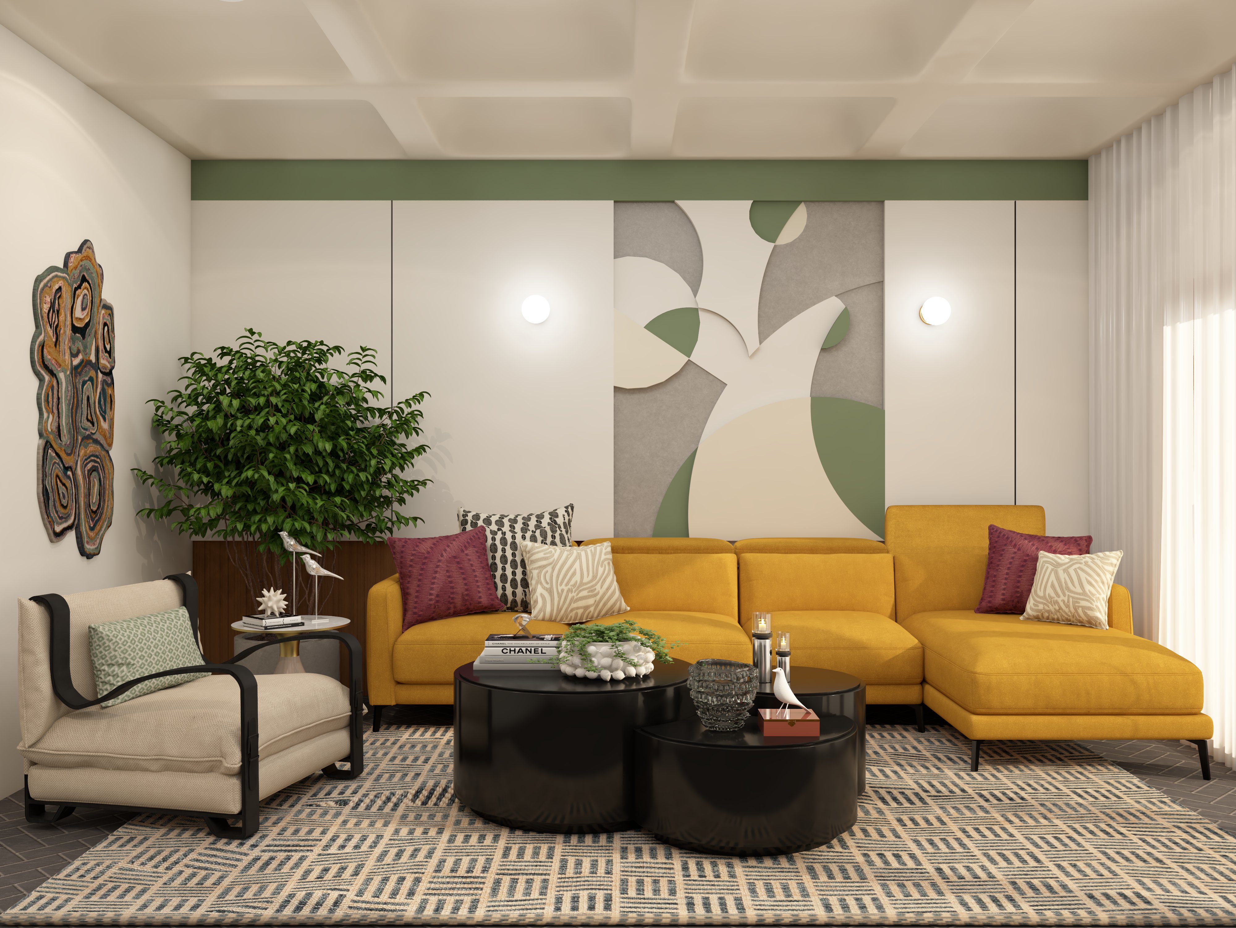 Living room with yellow sofa and abstract décor - Beautiful Homes