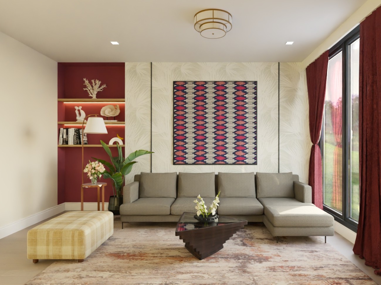 Modern living room with red curtains and décor - Beautiful Homes