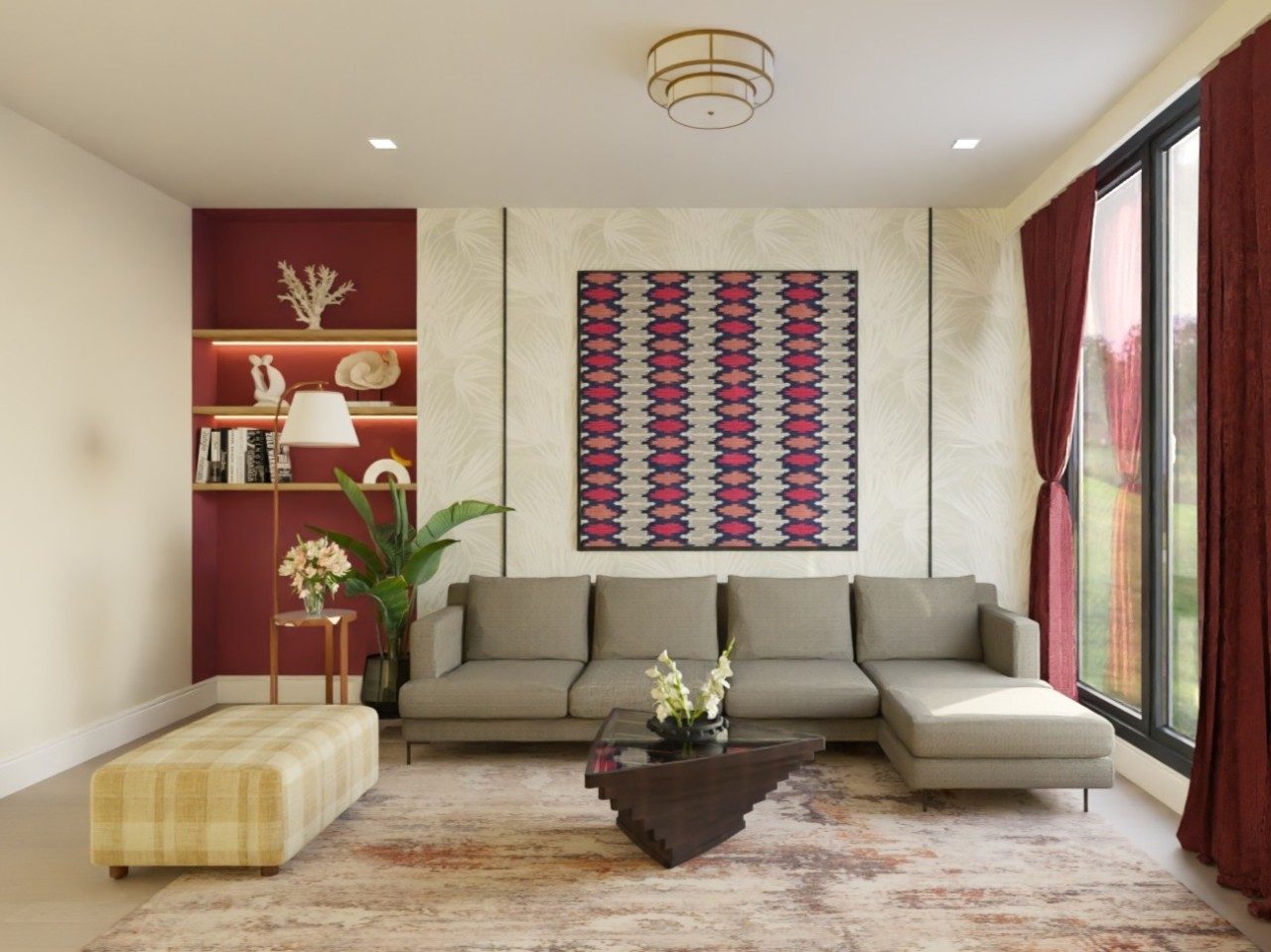 Modern living room with red curtains and décor - Beautiful Homes