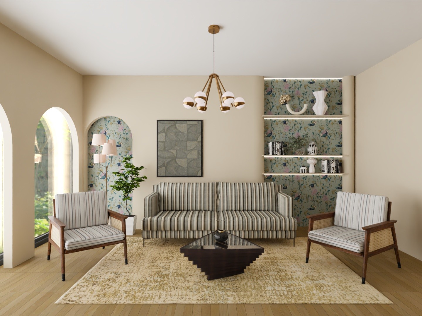 Living room with striped sofa and wooden accents - Beautiful Homes