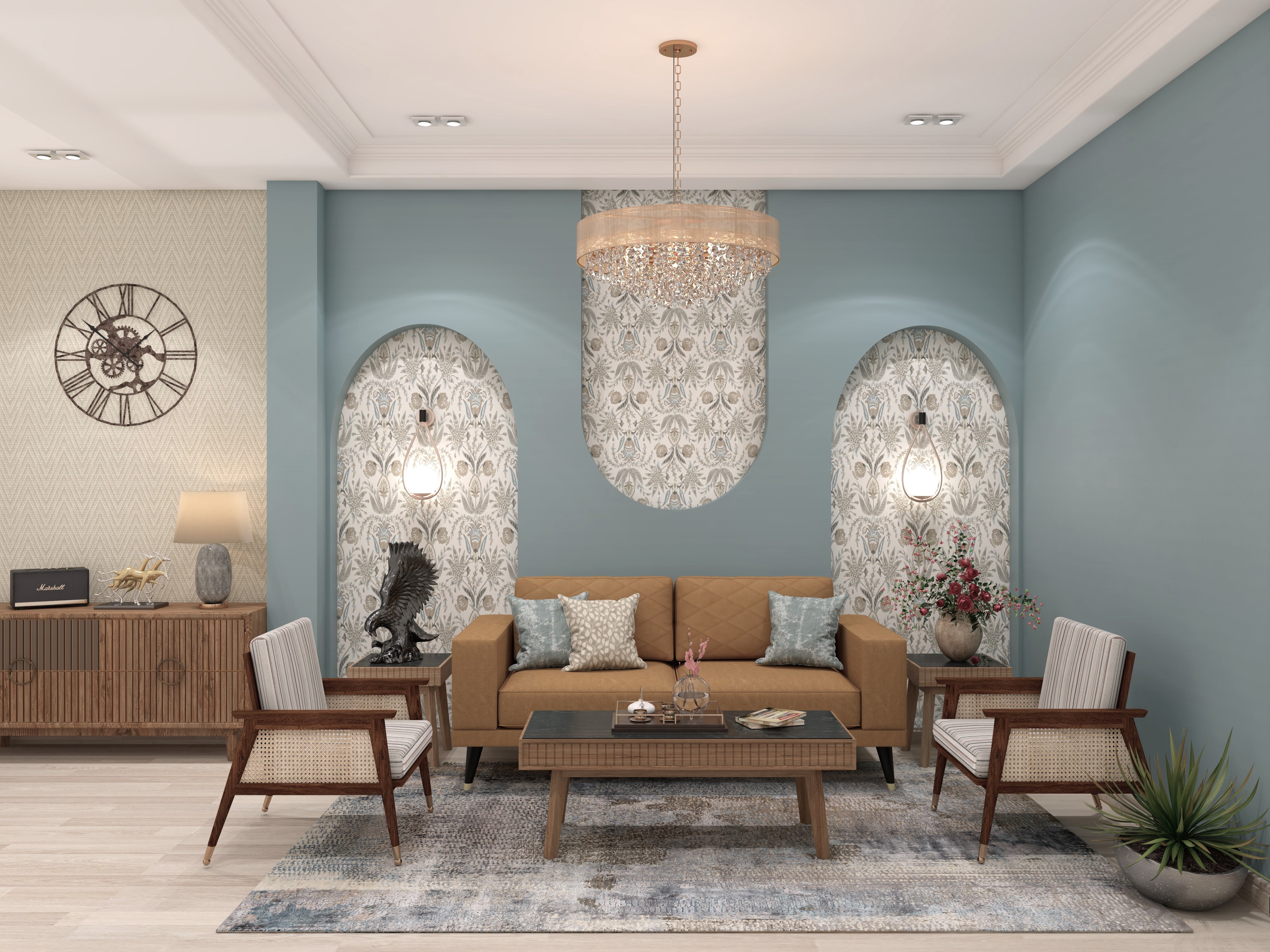 Living room with tan sofa, chandelier, and elegant décor - Beautiful Homes