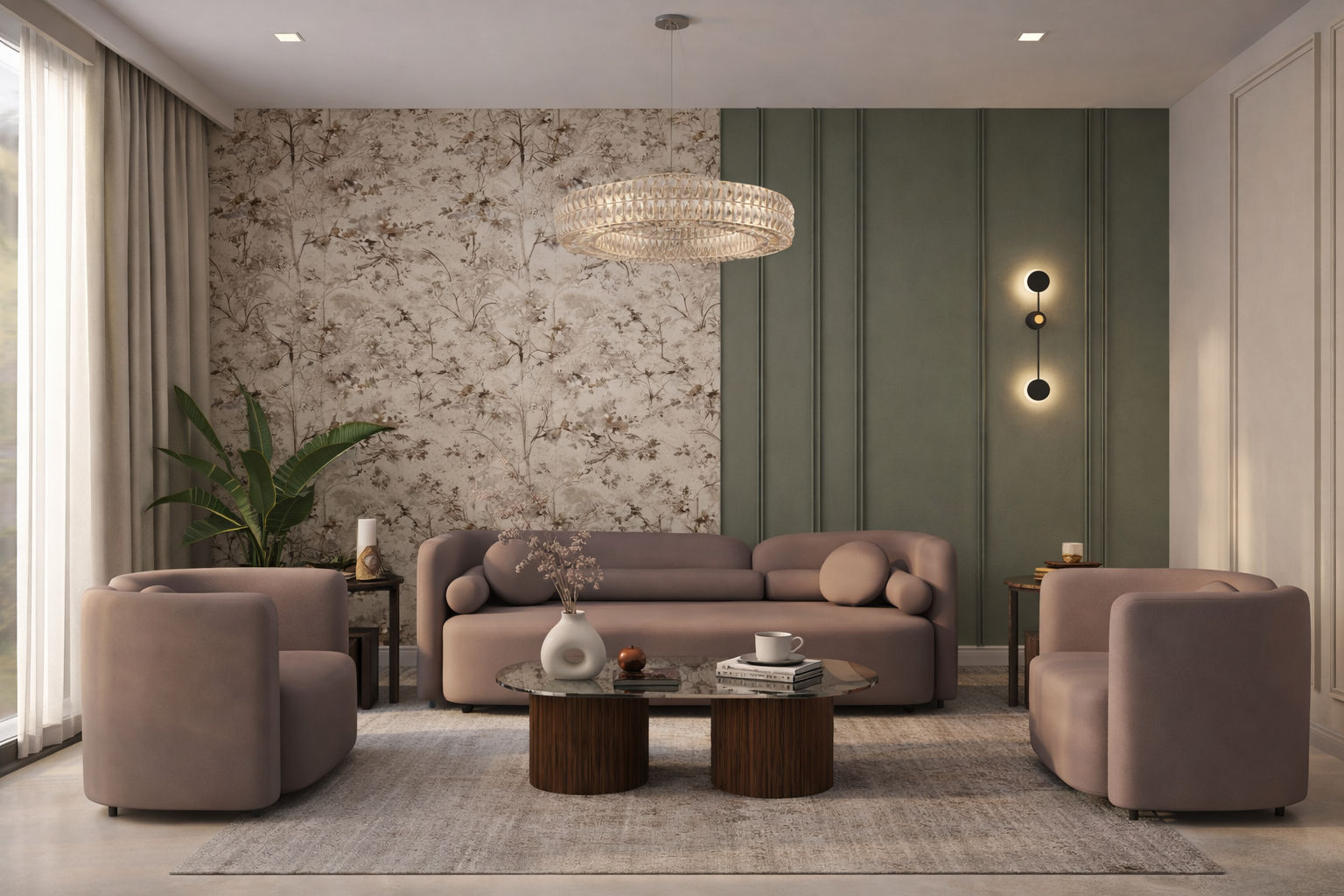 Elegant living room featuring mauve furniture, floral wallpaper, and a crystal chandelier - Beautiful Home