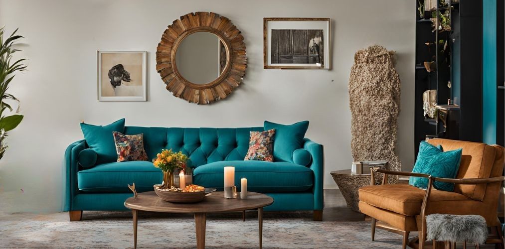 Eclectic living room with teal sofa set - Beautiful Homes