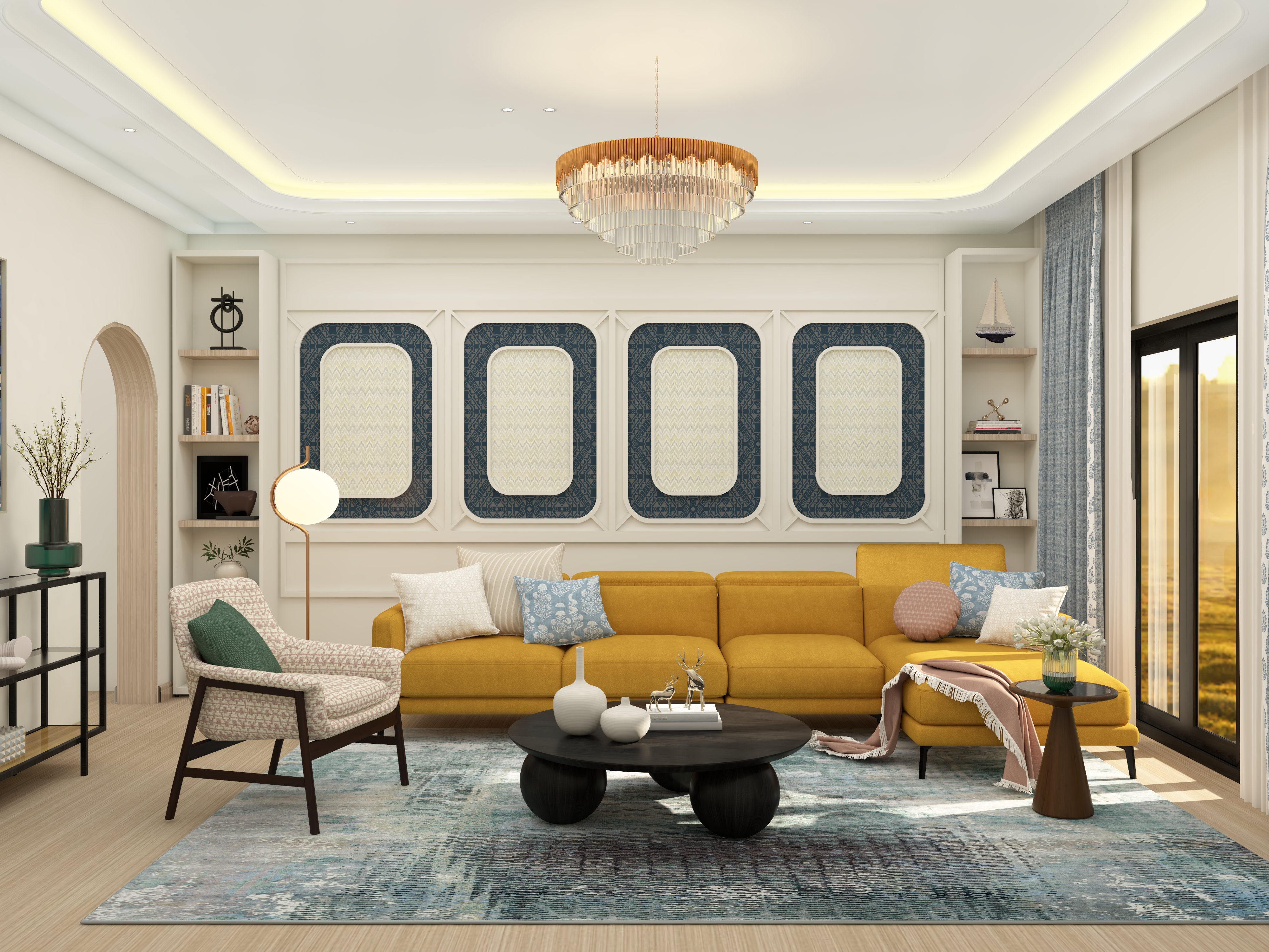 Living room with yellow sofa and modern décor - Beautiful Homes