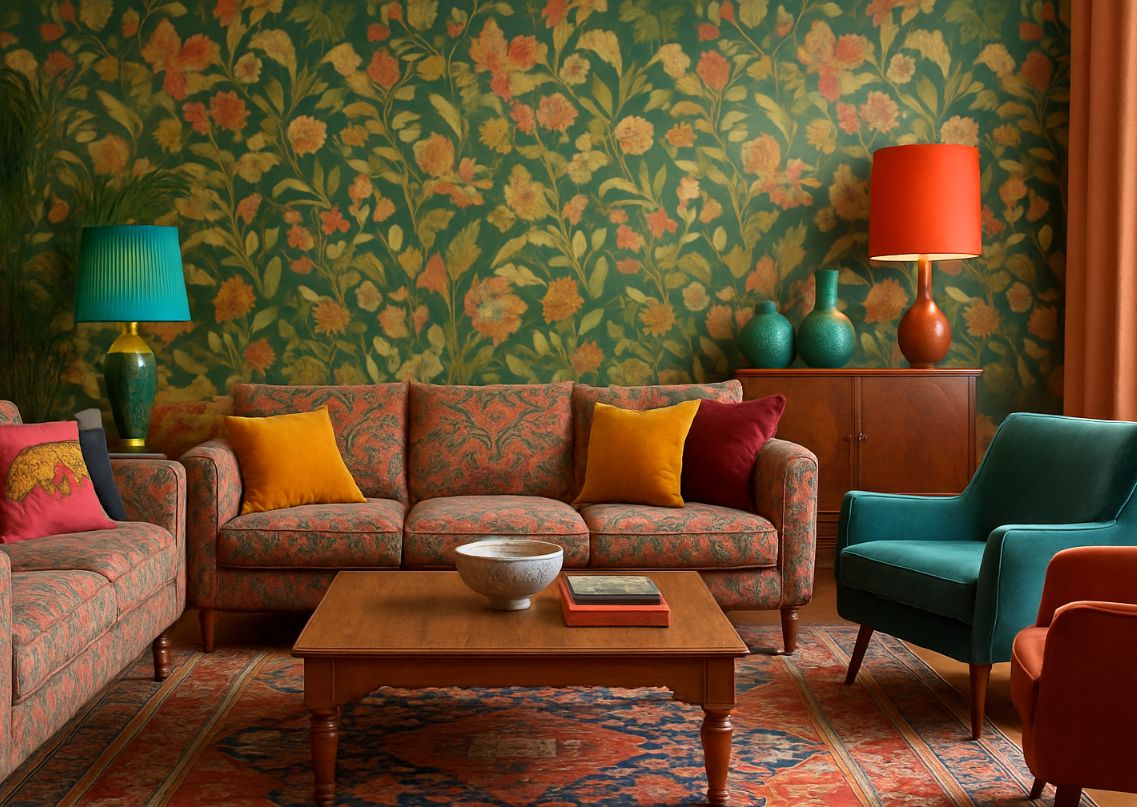 colourful living room with floral wallpaper and vibrant décor - Beautiful Homes