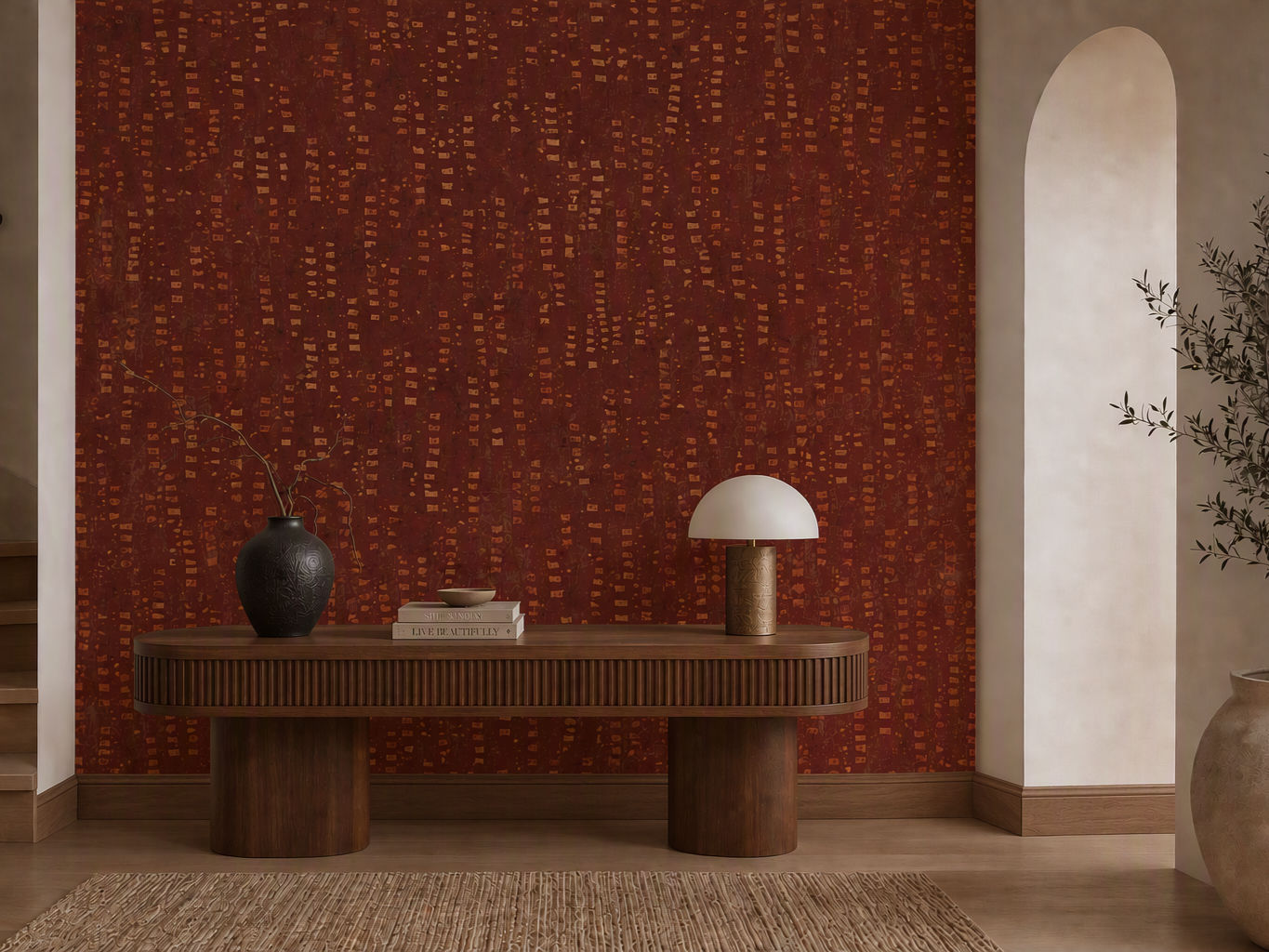 Deep terracotta wallpaper with an abstract vertical pattern in warm golden-orange tones - Beautiful Homes