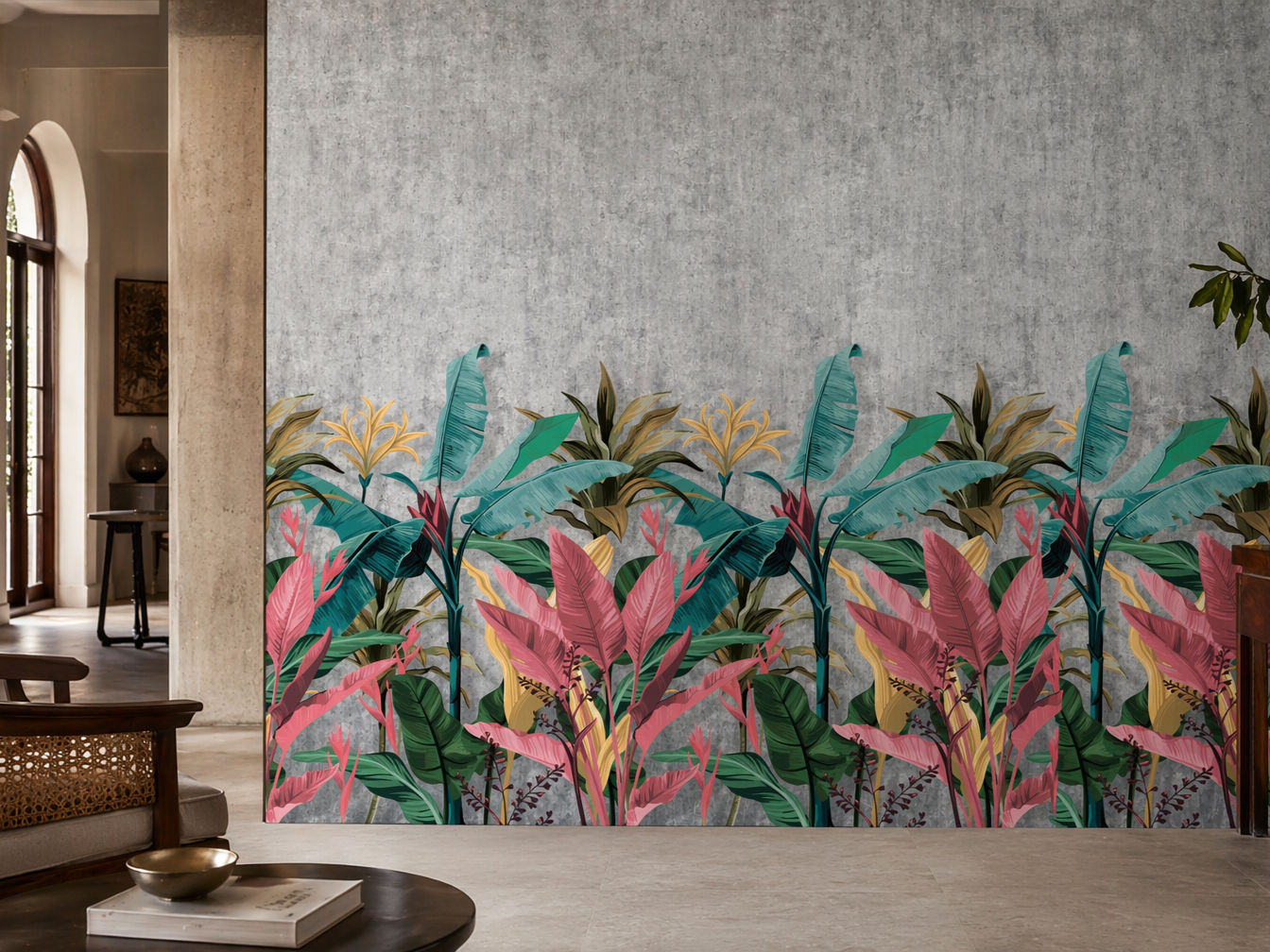 Wallpaper with a distressed concrete-look backdrop and a vibrant tropical leaf mural in green, teal, pink, and yellow tones - Beautiful Homes