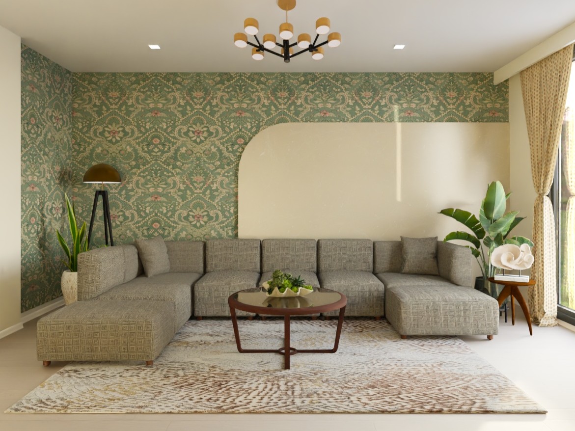Living room with l shaped sofa and wallpaper - Beautiful Homes