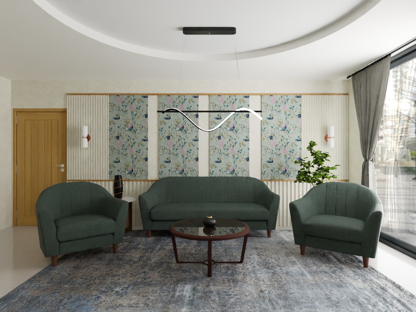 Living room with green seating and floral walls - Beautiful Homes