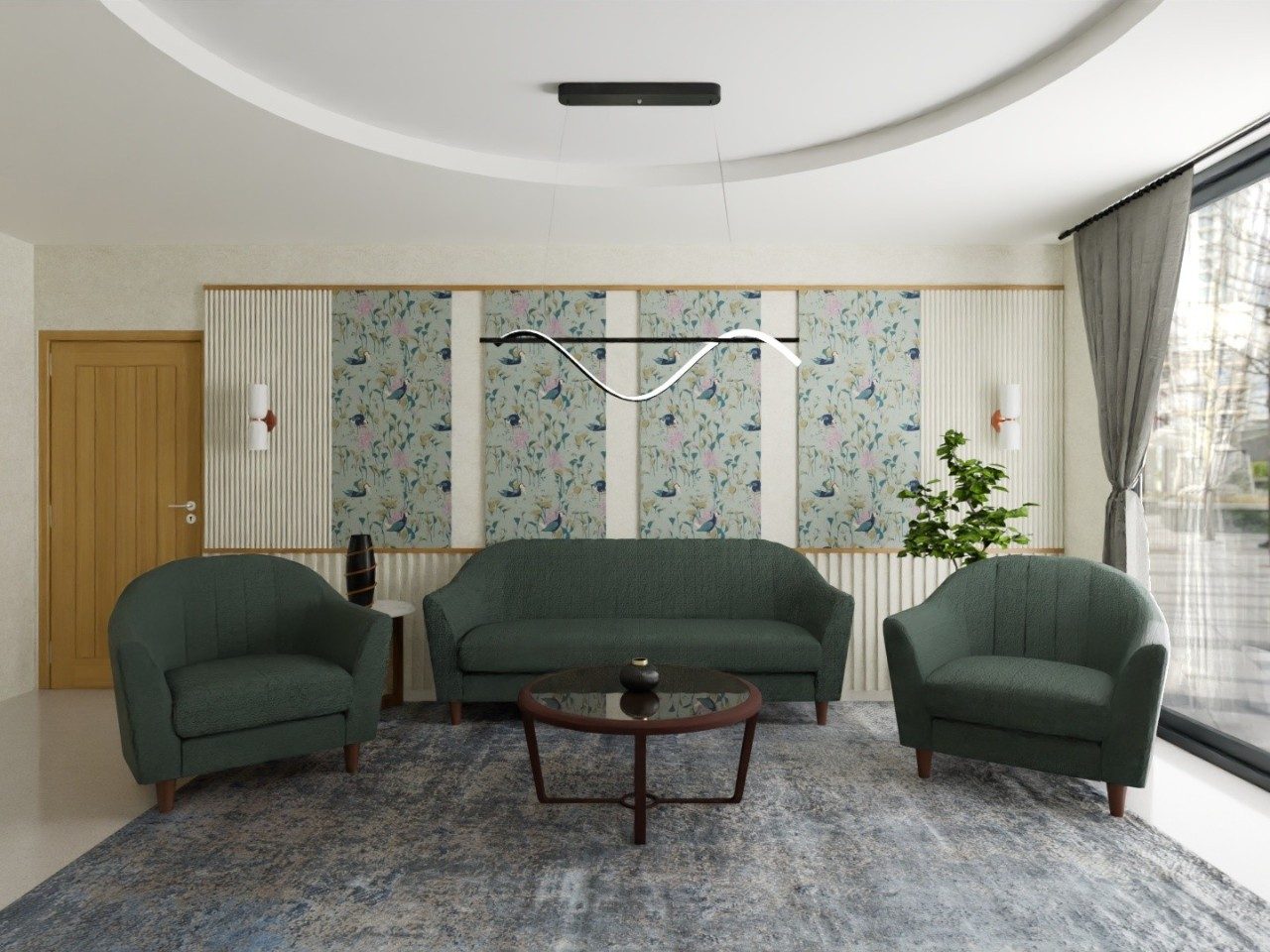 Living room with green seating and floral walls - Beautiful Homes