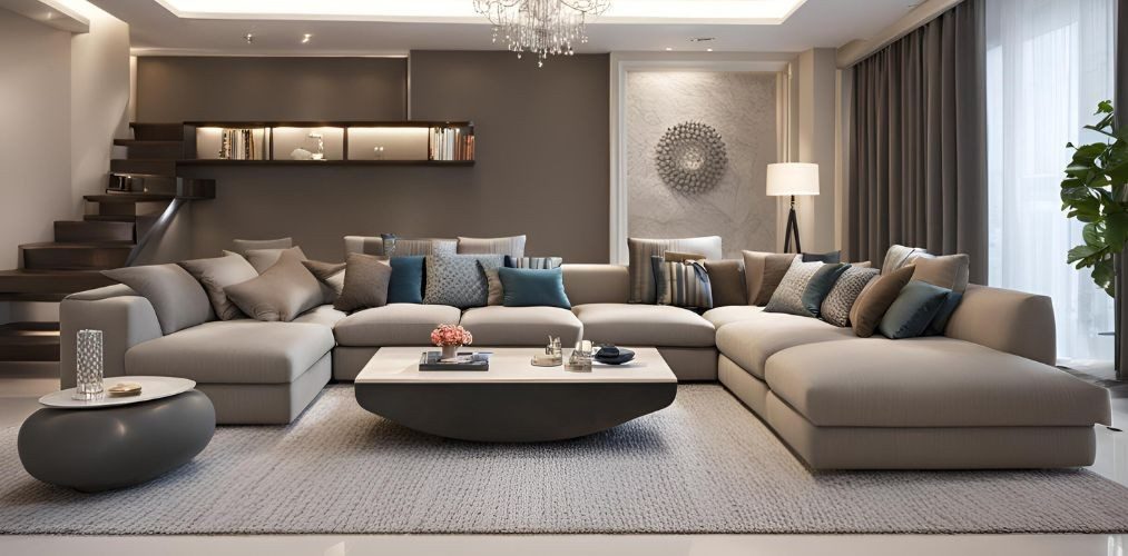 Elegant living room with U-shaped sofa for a large gathering - Beautiful Homes