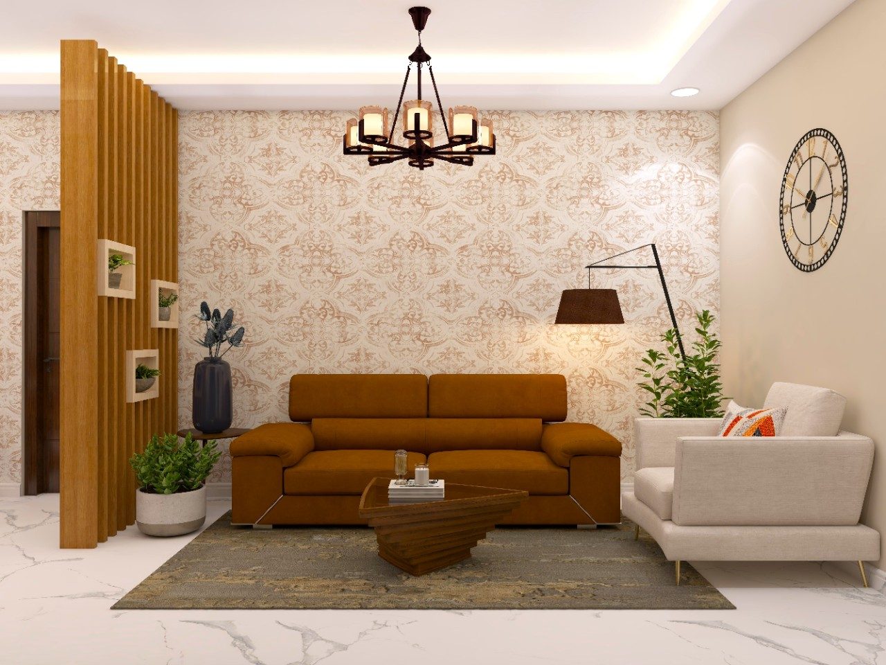 Living room with beige wallpaper and wooden partition - Beautiful Homes