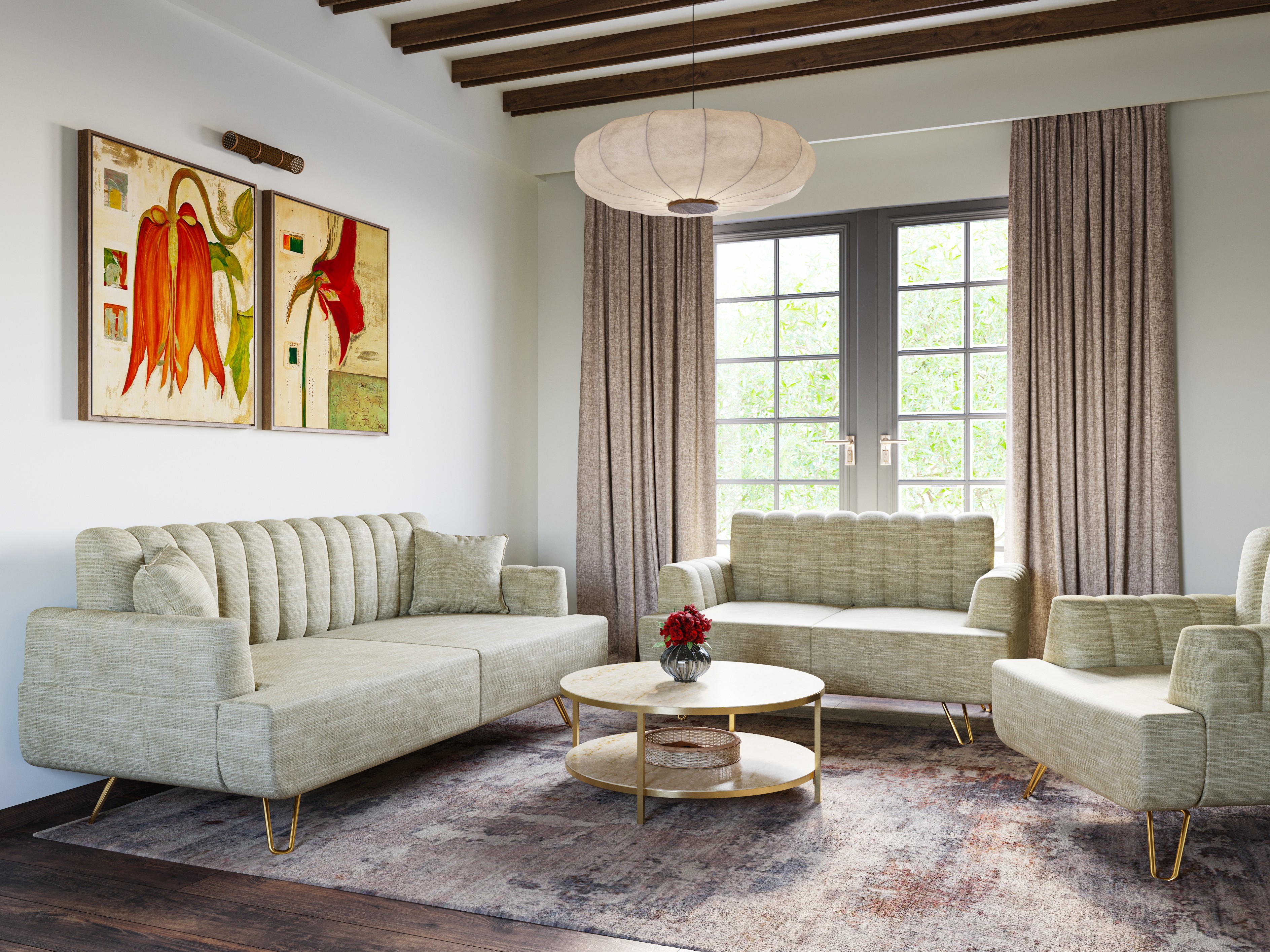 Living room with beige recliners and glass table - Beautiful Homes