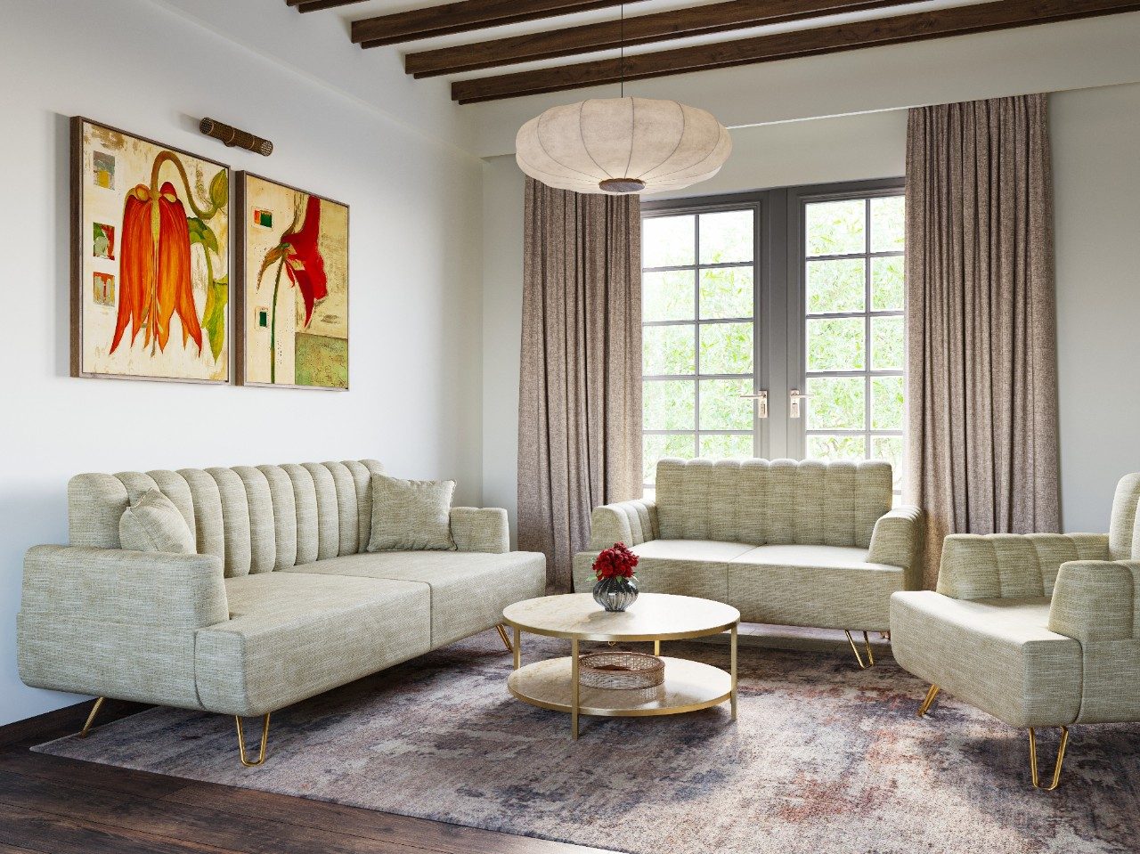 Living room with beige recliners and glass table - Beautiful Homes