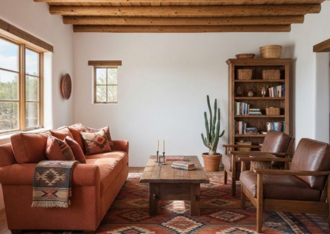 Rustic living room with orange sofa and bookshelf - Beautiful Homes