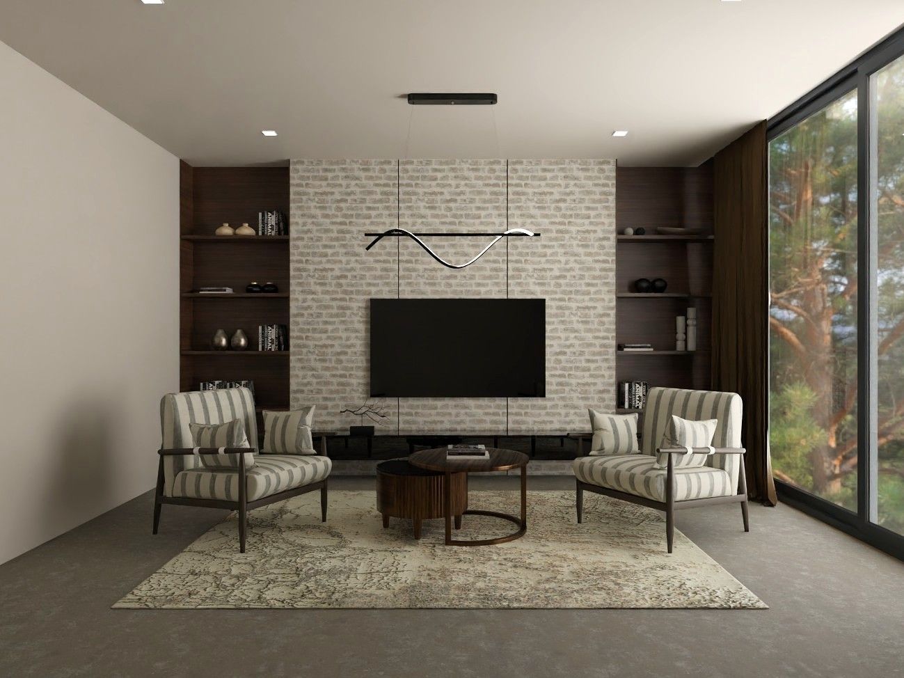 Living room featuring a brick accent wall, cozy armchairs, and a serene outdoor view - Beautiful Homes