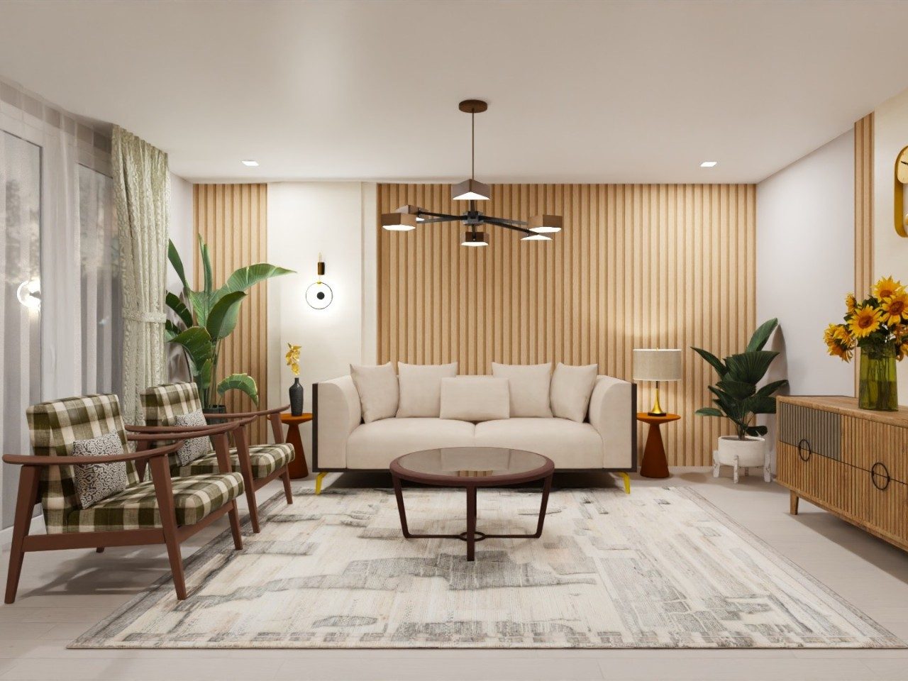 Living room with wooden sofa and plaid chairs - Beautiful Homes