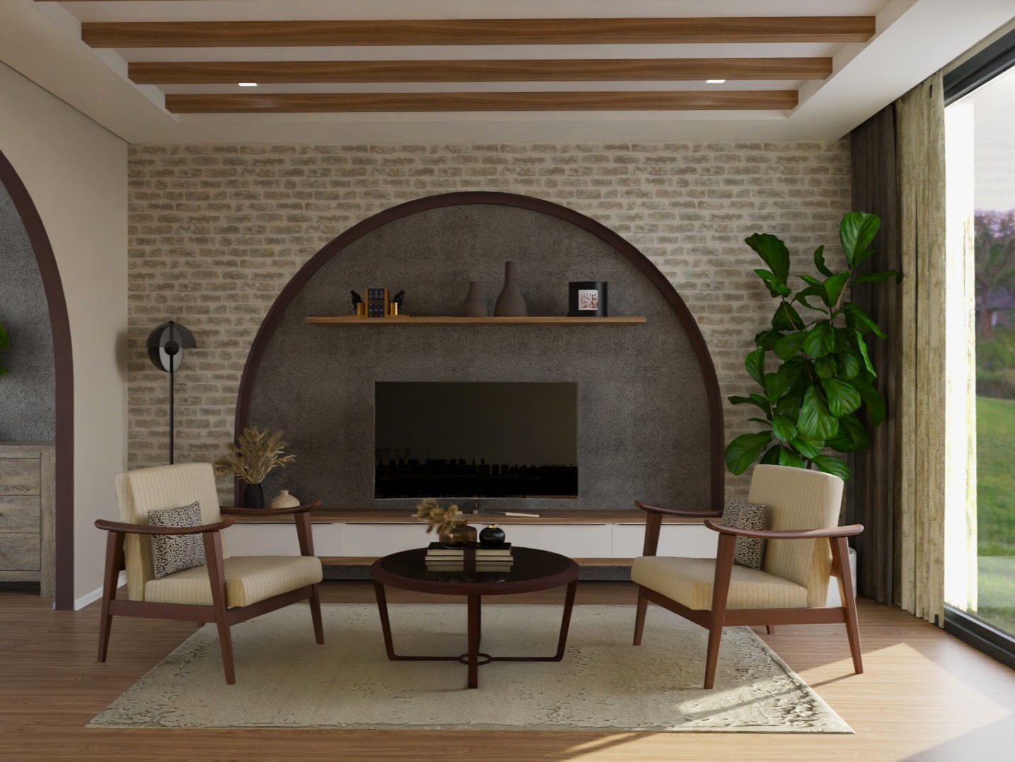 Stylish living room with textured wall and plants - Beautiful Homes