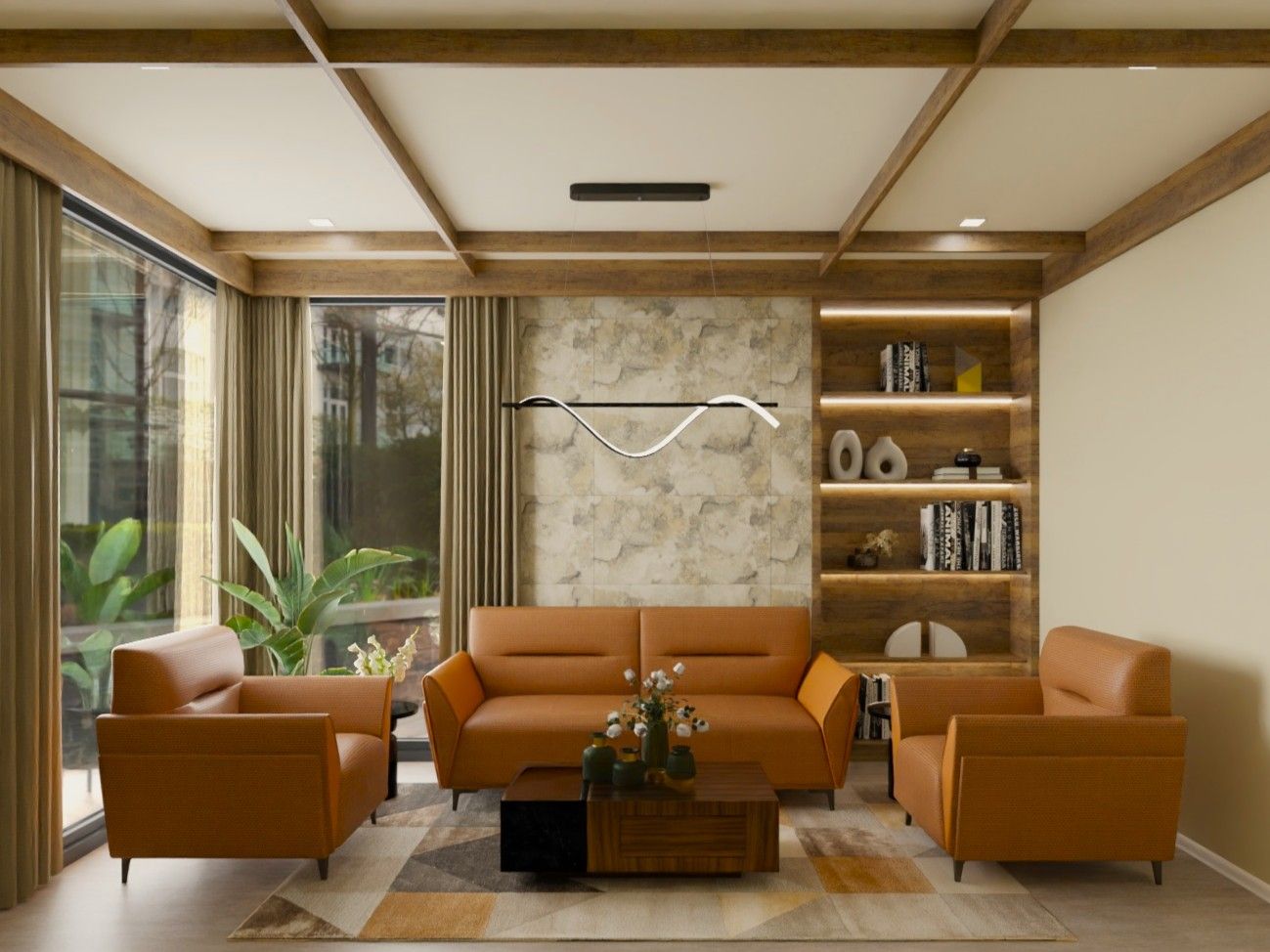 Contemporary living room featuring leather seating, a stone accent wall, and large windows - Beautiful Homes